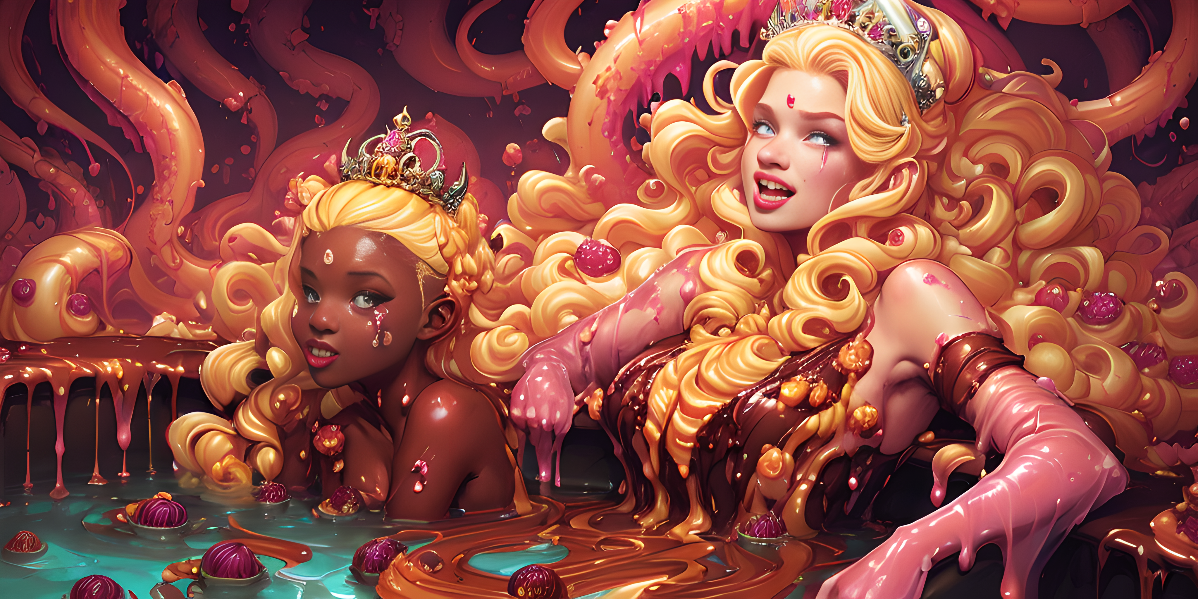 General 4096x2048 AI art women wet bathing caramel chocolate ebony women blonde tentacles horror looking at viewer tiaras long hair sweets LSD