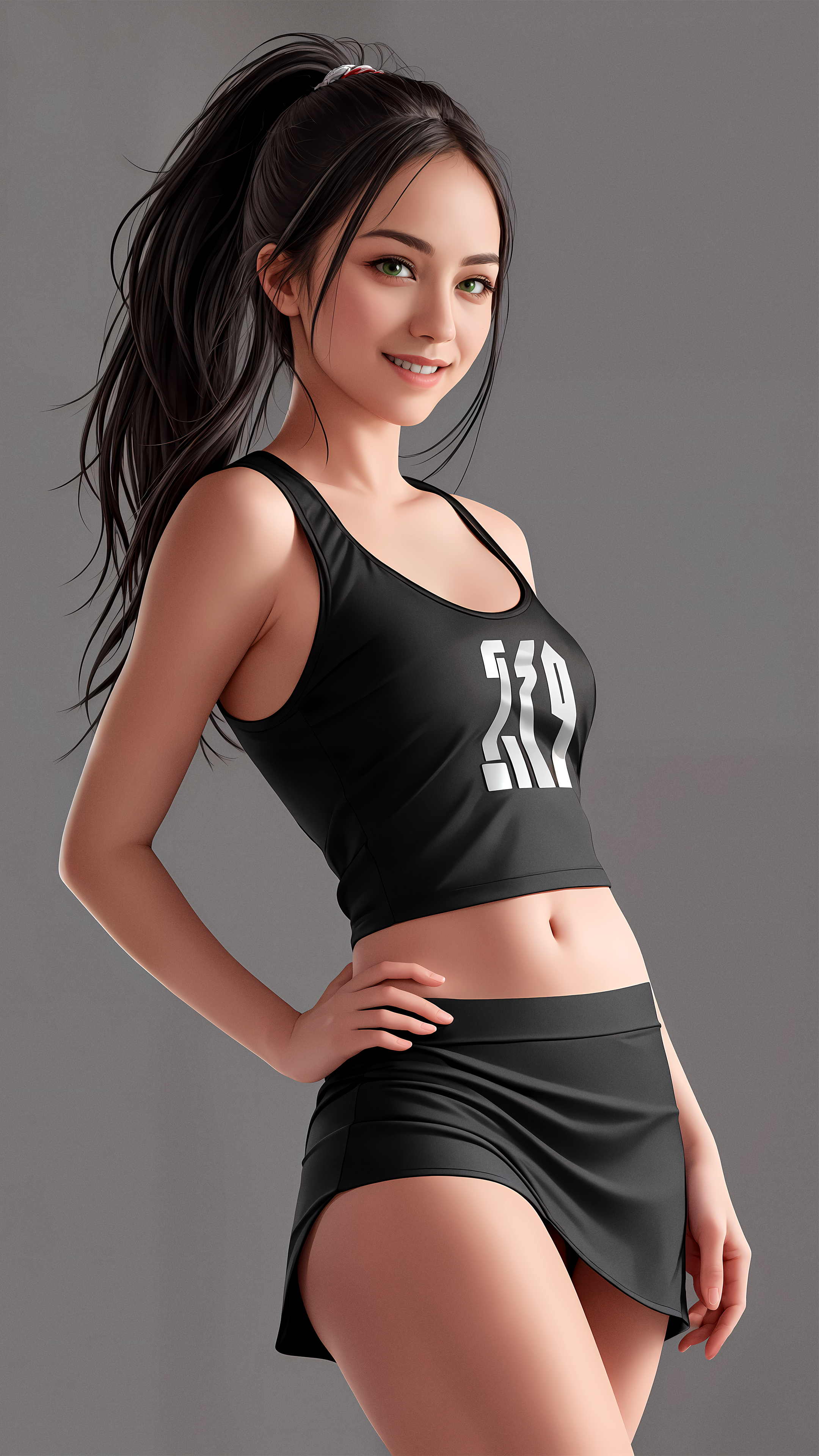 General 2160x3840 digital art AI art Stable Diffusion women portrait display looking at viewer simple background smiling ponytail belly button miniskirt thighs hands on hips