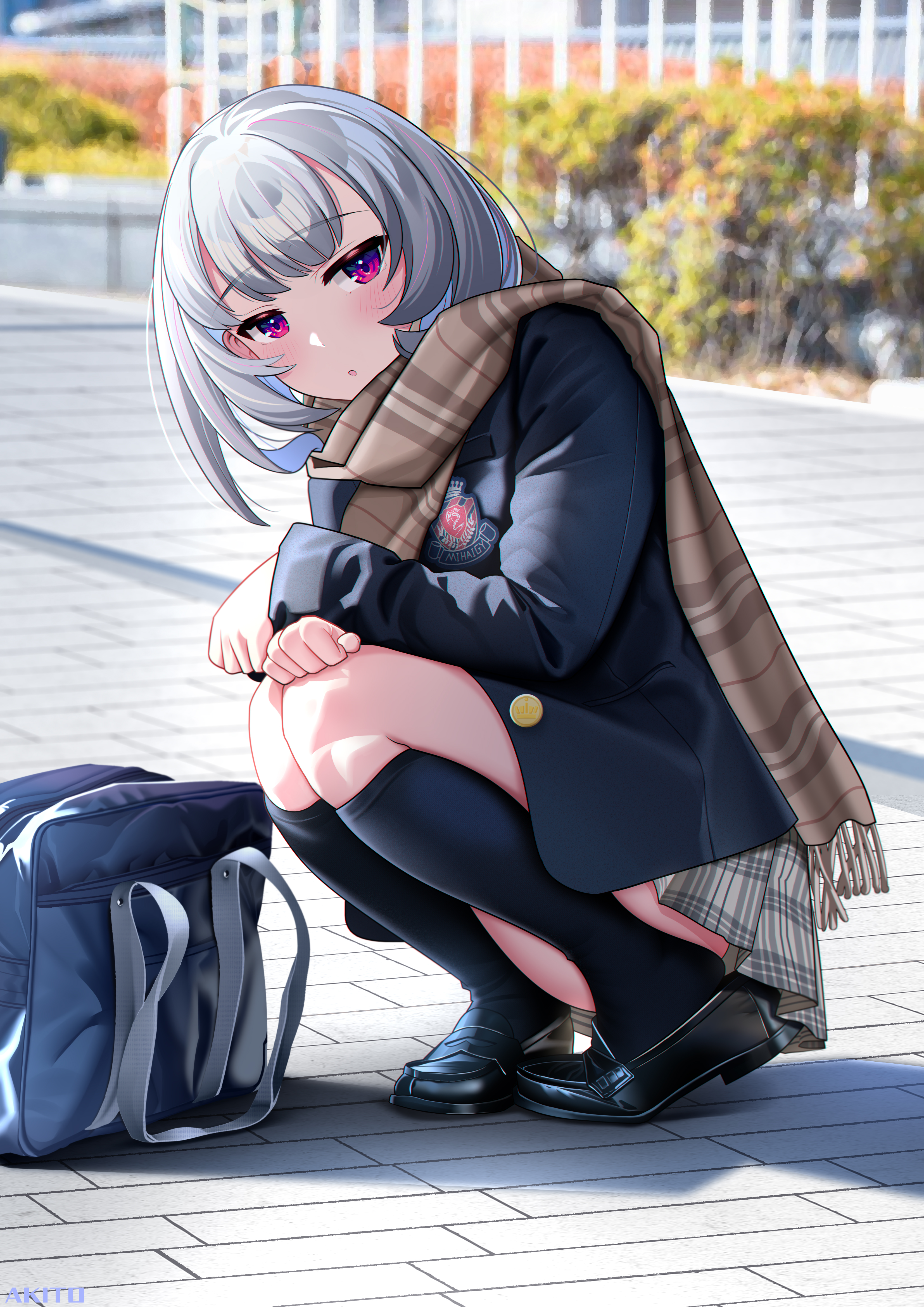 Anime 3307x4677 anime girls white hair portrait display squatting scarf looking at viewer schoolgirl school uniform blushing thigh high socks skirt