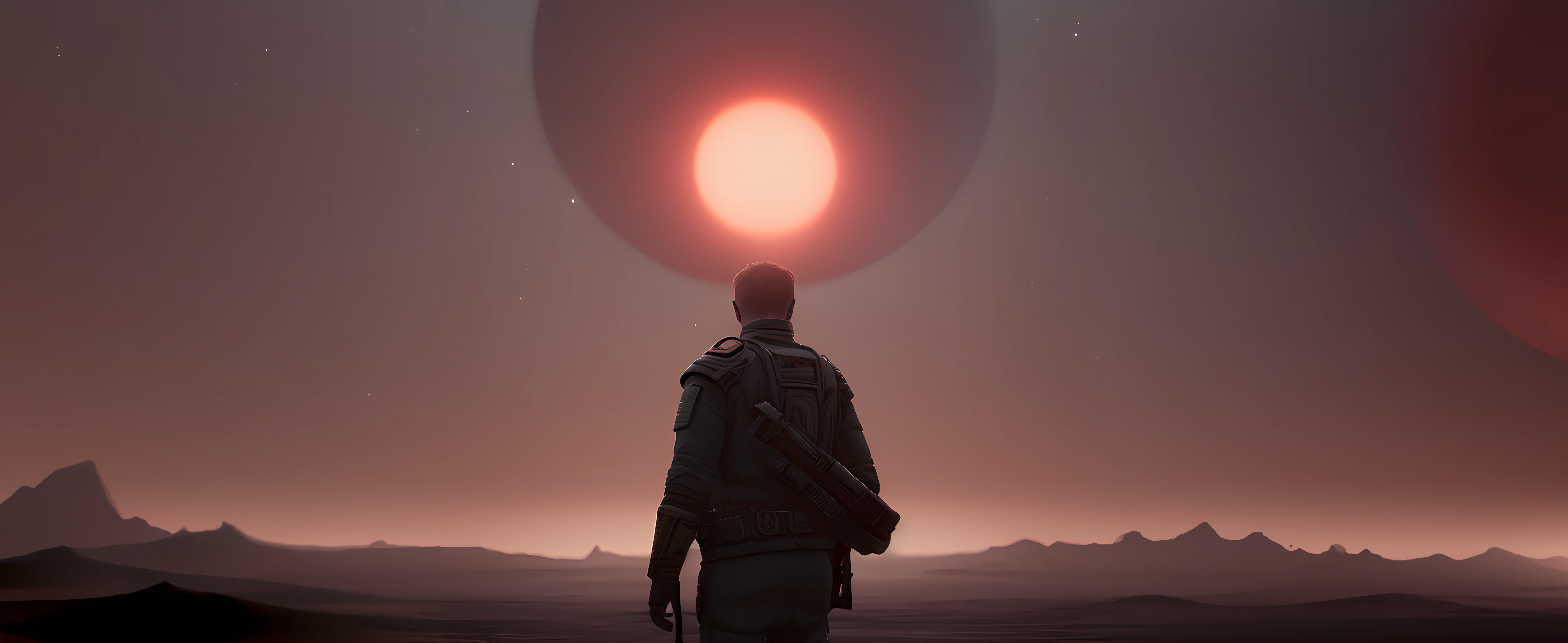 General 7860x3225 science fiction barren exoplanet dunes sky red AI art Reactant Origin Stable Diffusion Cyberscape Navigator simple background minimalism