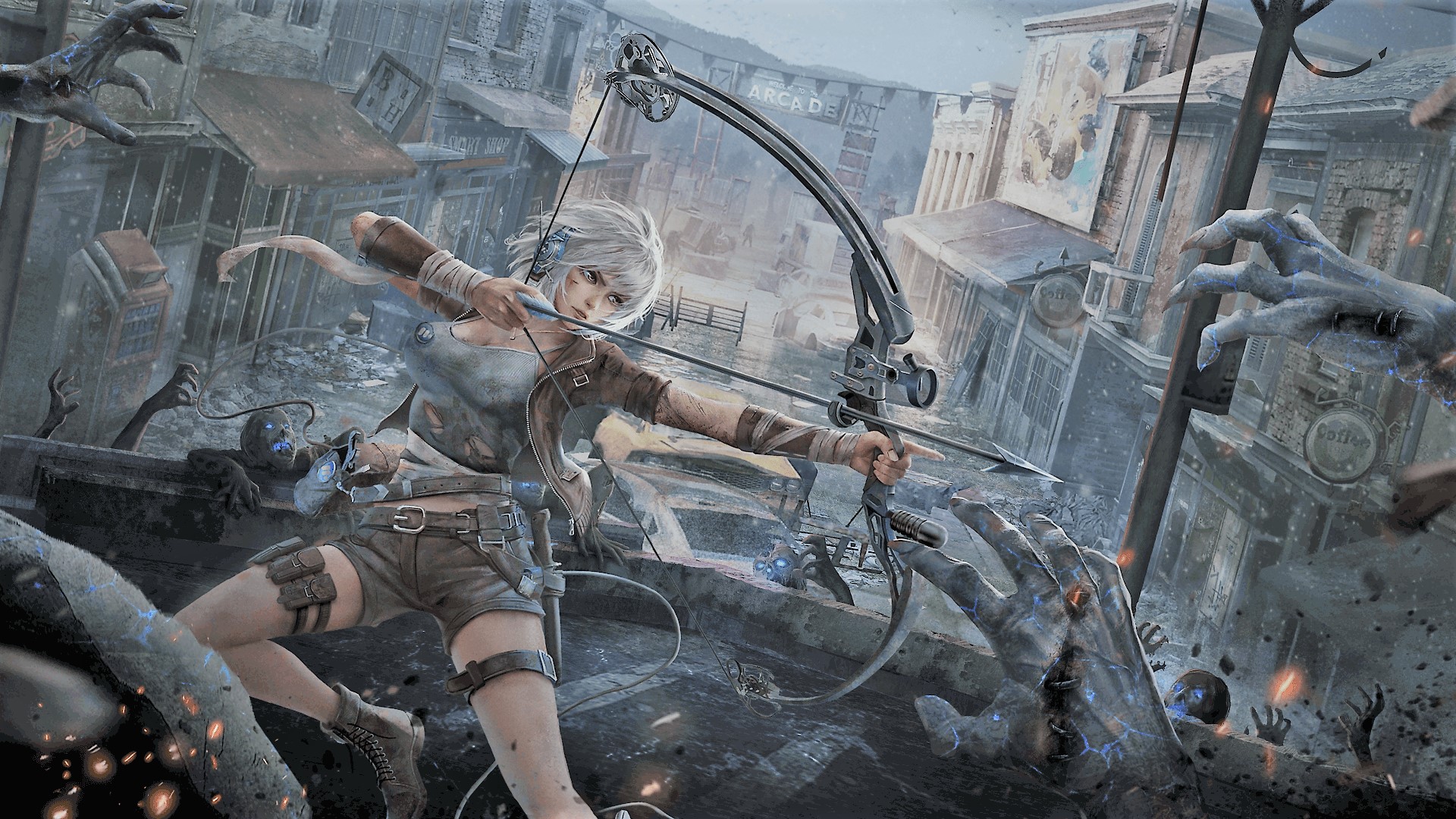 General 1920x1080 archery Game Gear Dong fang Project artwork bow and arrow torn clothes creature short shorts headphones boots knife silver hair women