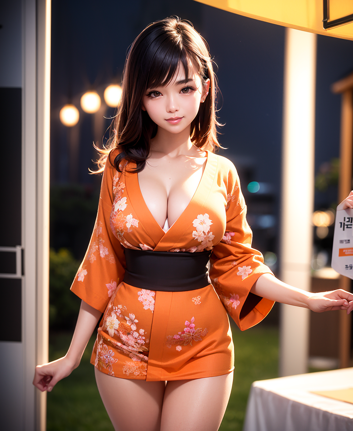 General 1152x1408 AIbot AI art night kimono long hair Asian big boobs portrait display women looking at viewer cleavage thighs