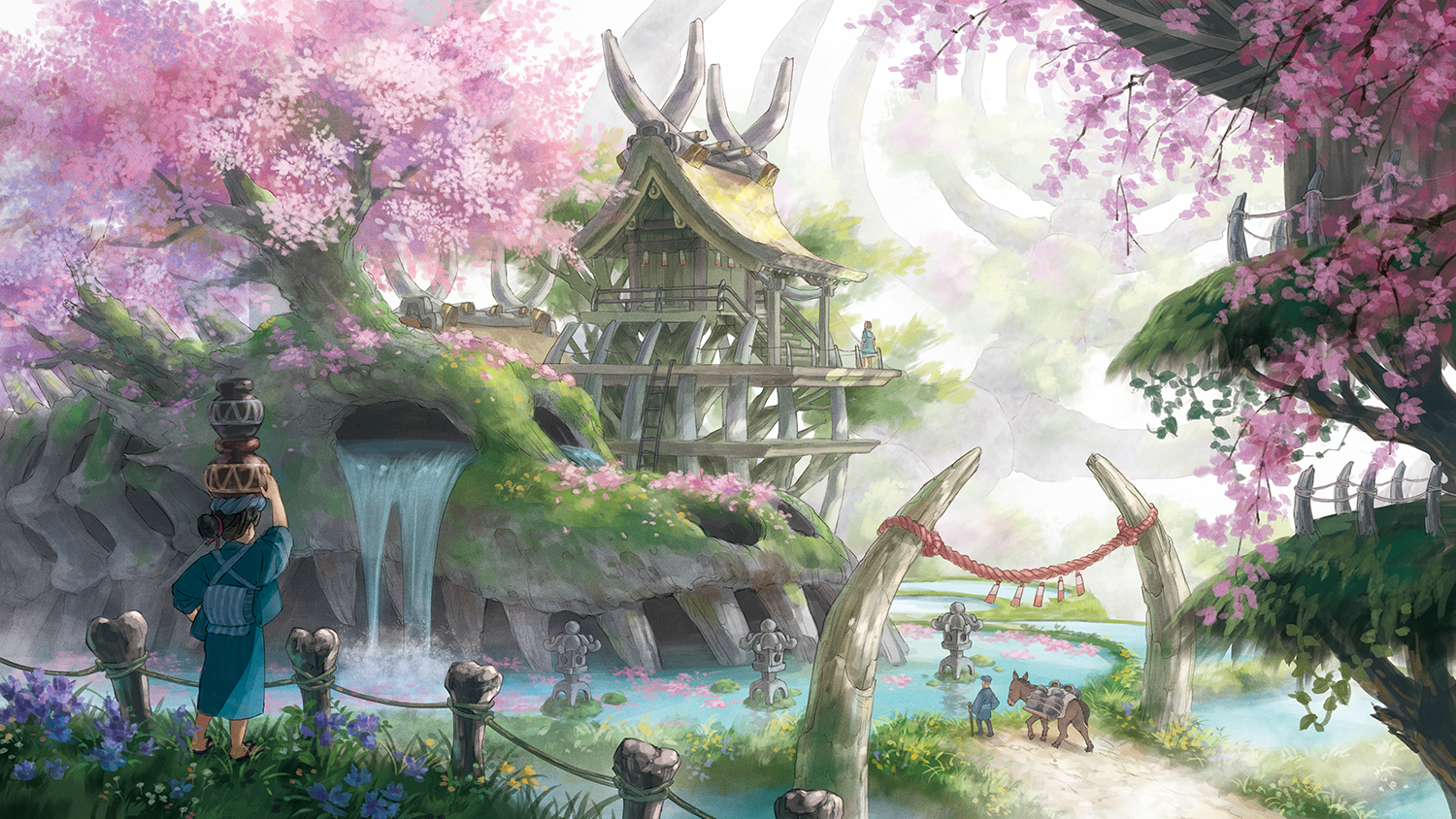 Anime 1500x844 Yukoiwase cherry blossom grass trees flowers water waterfall pond rear view skull forest path original characters donkey river fantasy castle anime girls nature