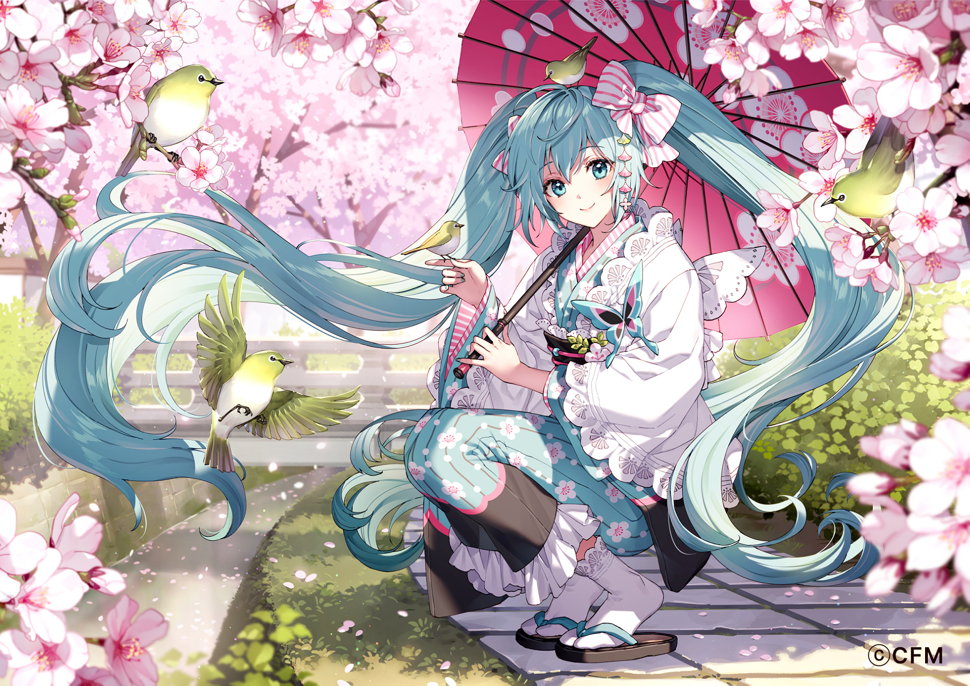 Anime 1900x1344 anime anime girls Hatsune Miku Vocaloid twintails long hair umbrella petals watermarked birds animals squatting kimono looking at viewer blue hair blue eyes smiling bow tie sunlight cherry trees grass