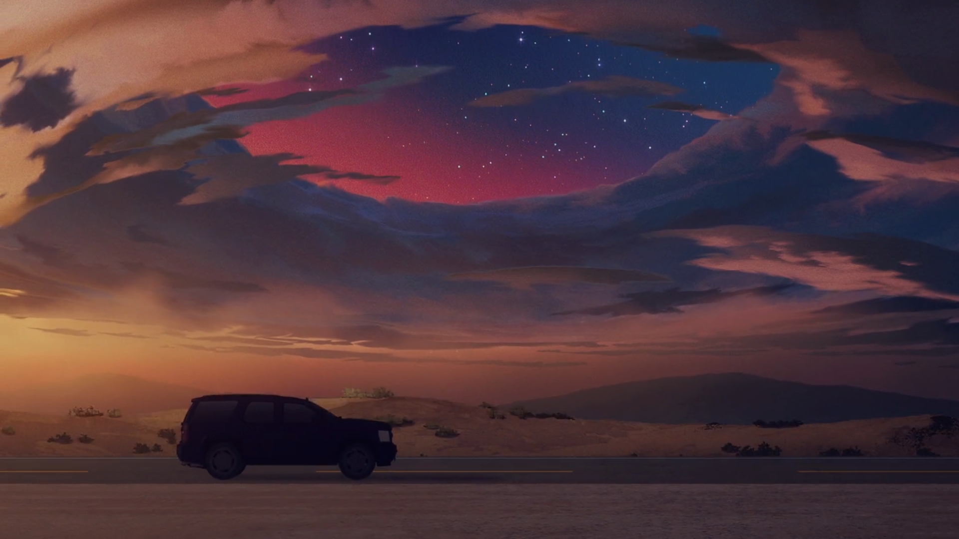 Anime 1920x1080 Fate series Fate strange Fake vehicle road sky clouds anime Anime screenshot stars sunset sunset glow