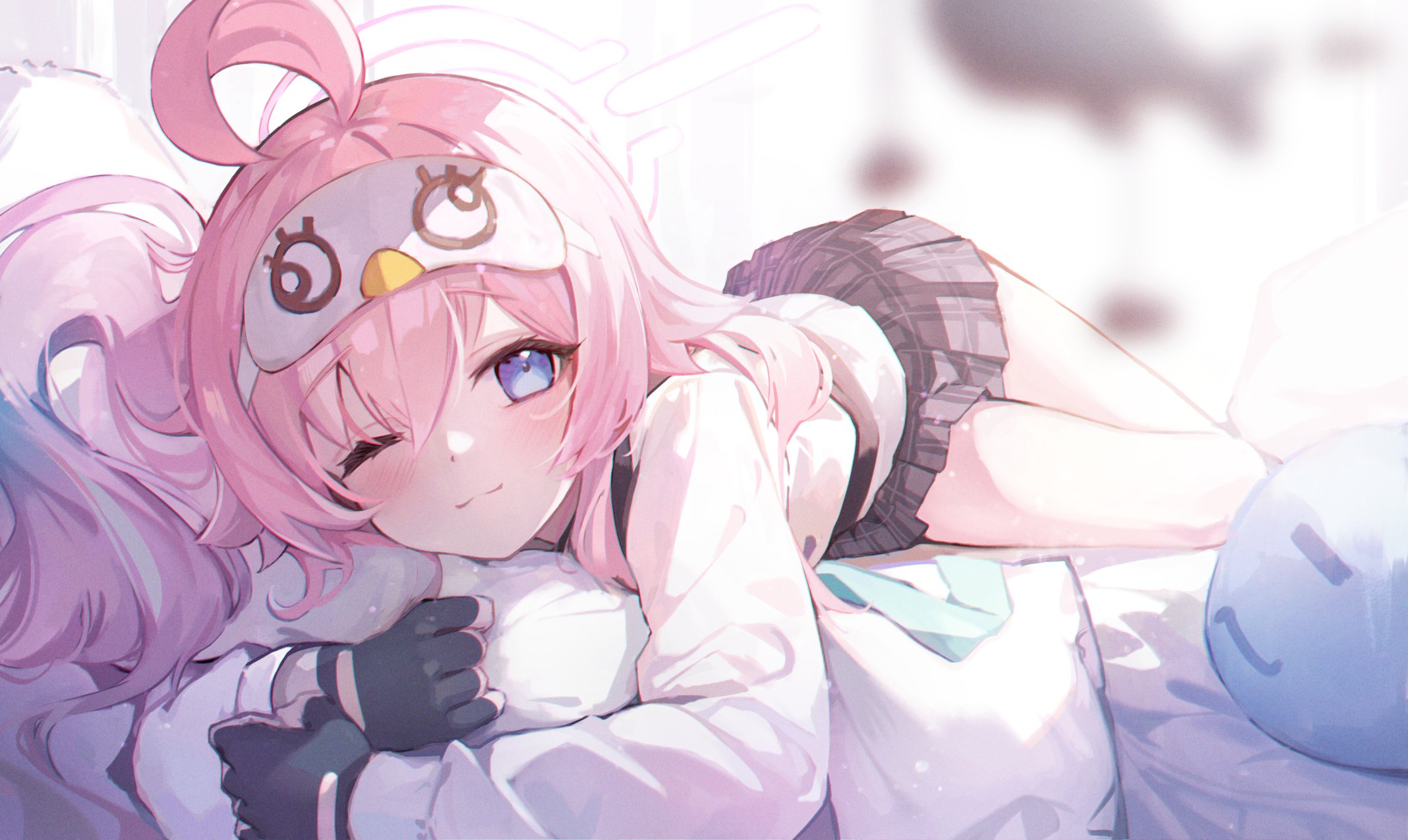 Anime 2136x1275 anime girls Blue Archive sleep mask lying on front one eye closed lying down gloves fingerless gloves blushing looking at viewer long hair pillow smiling pink hair blue eyes Takanashi Hoshino (Blue Archive)