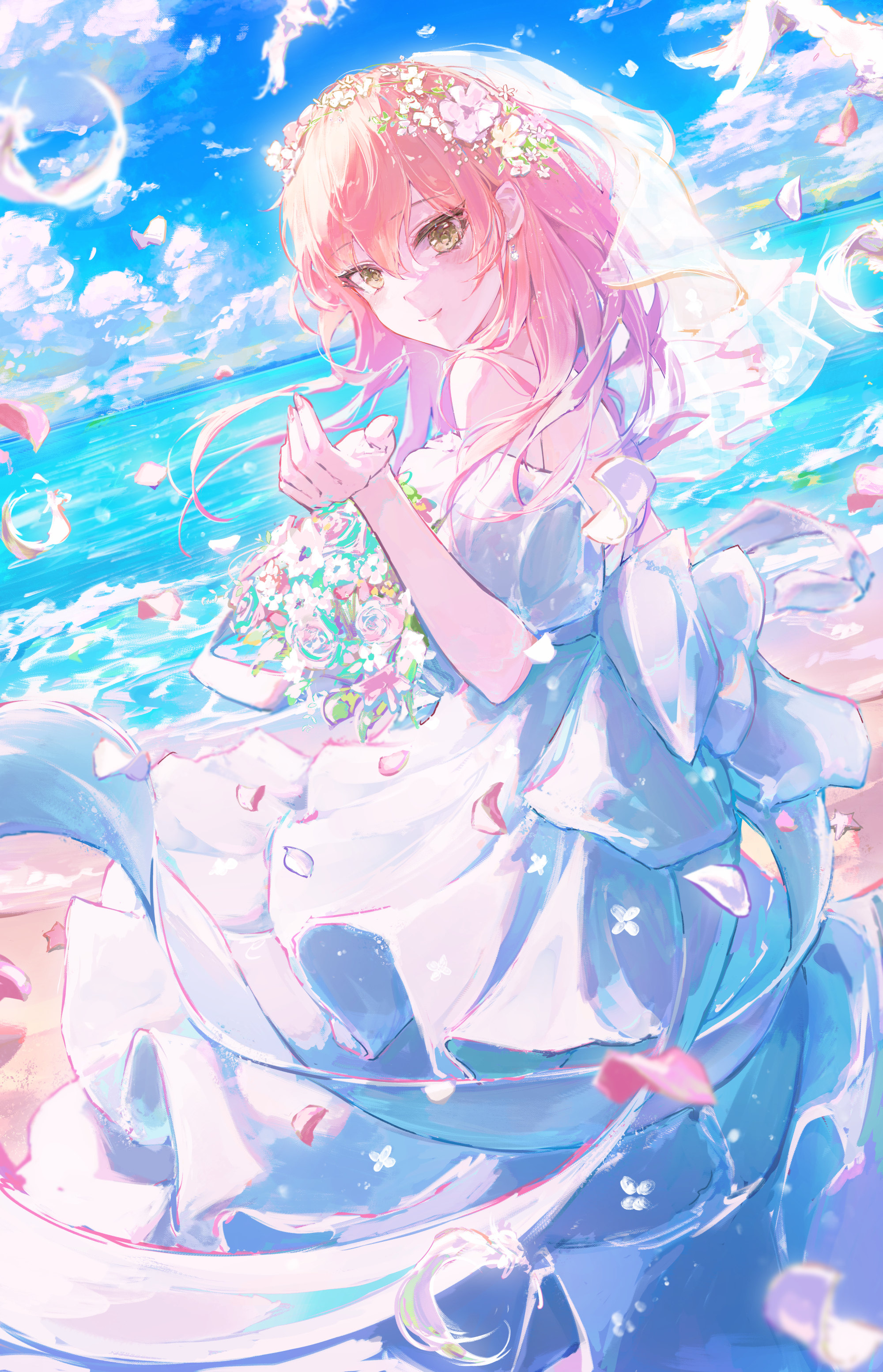 Anime 2000x3107 THE iDOLM@STER: Cinderella Girls THE iDOLM@STER anime anime girls Jougasaki Mika portrait display clouds wedding dress dress looking back pink hair arms reaching veils looking at viewer petals bouquet wedding attire flowers bridal veil smiling blushing sky white dress Fuunyon beach water horizon bare shoulders long hair yellow eyes hair ornament