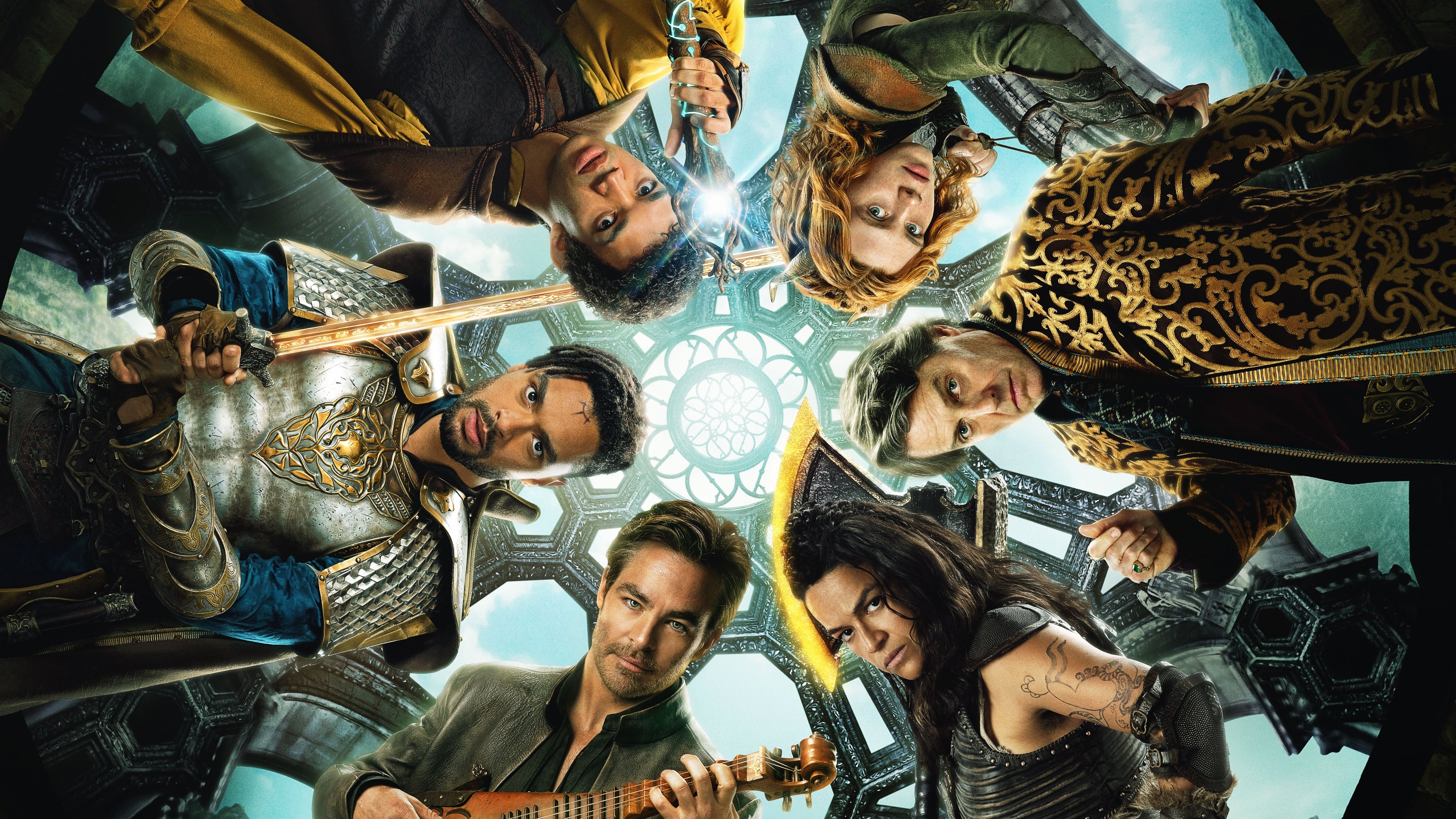 People 3840x2160 Dungeons & Dragons: Honor Among Thieves Chris Pine Sophia Lillis Michelle Rodríguez looking at viewer Backdrop movies group of people armor wizard warrior female warrior