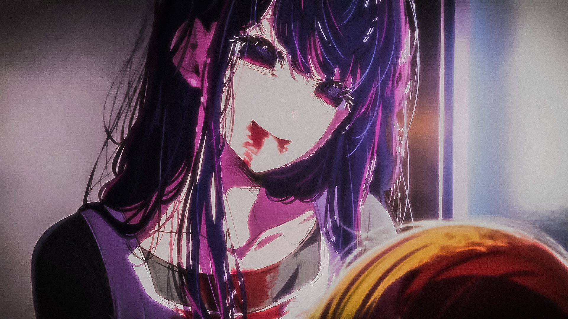 Anime 1920x1080 Oshi no Ko Hoshino Ai anime girls shaking blood smiling purple hair purple eyes long hair