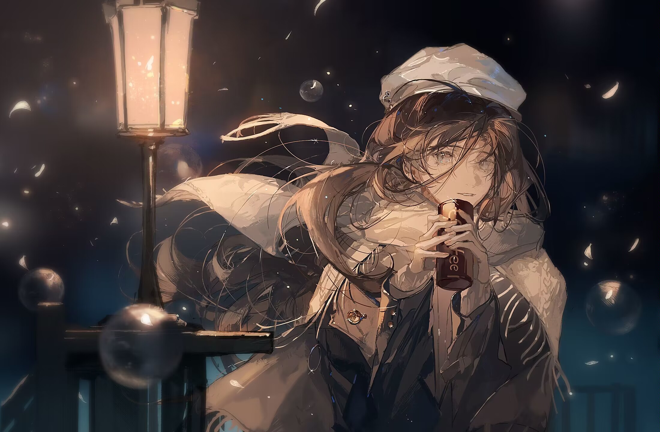 Anime 2200x1440 anime girls snow lantern bubbles long hair hat looking at viewer standing can digital art