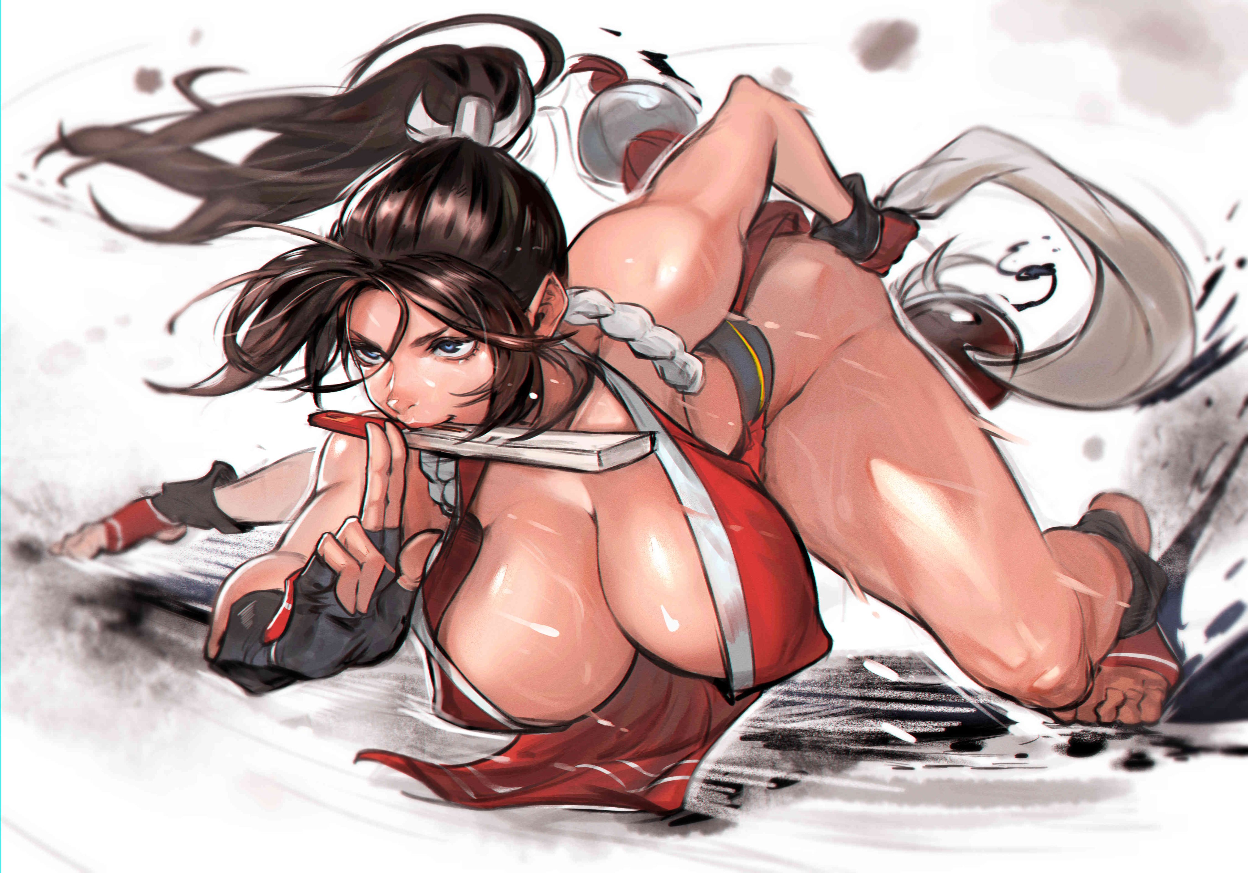 Anime 4096x2865 Fatal Fury King of Fighters SNK video game girls juaag acgy bent over huge breasts cleavage long hair black gloves partially clothed thighs brunette gray eyes nipples through clothing fingerless gloves fans looking away no bra ponytail sweaty body sweat toeless legwear fighting stance gloves Mai Shiranui boobs hanging boobs wide hips Kunoichi