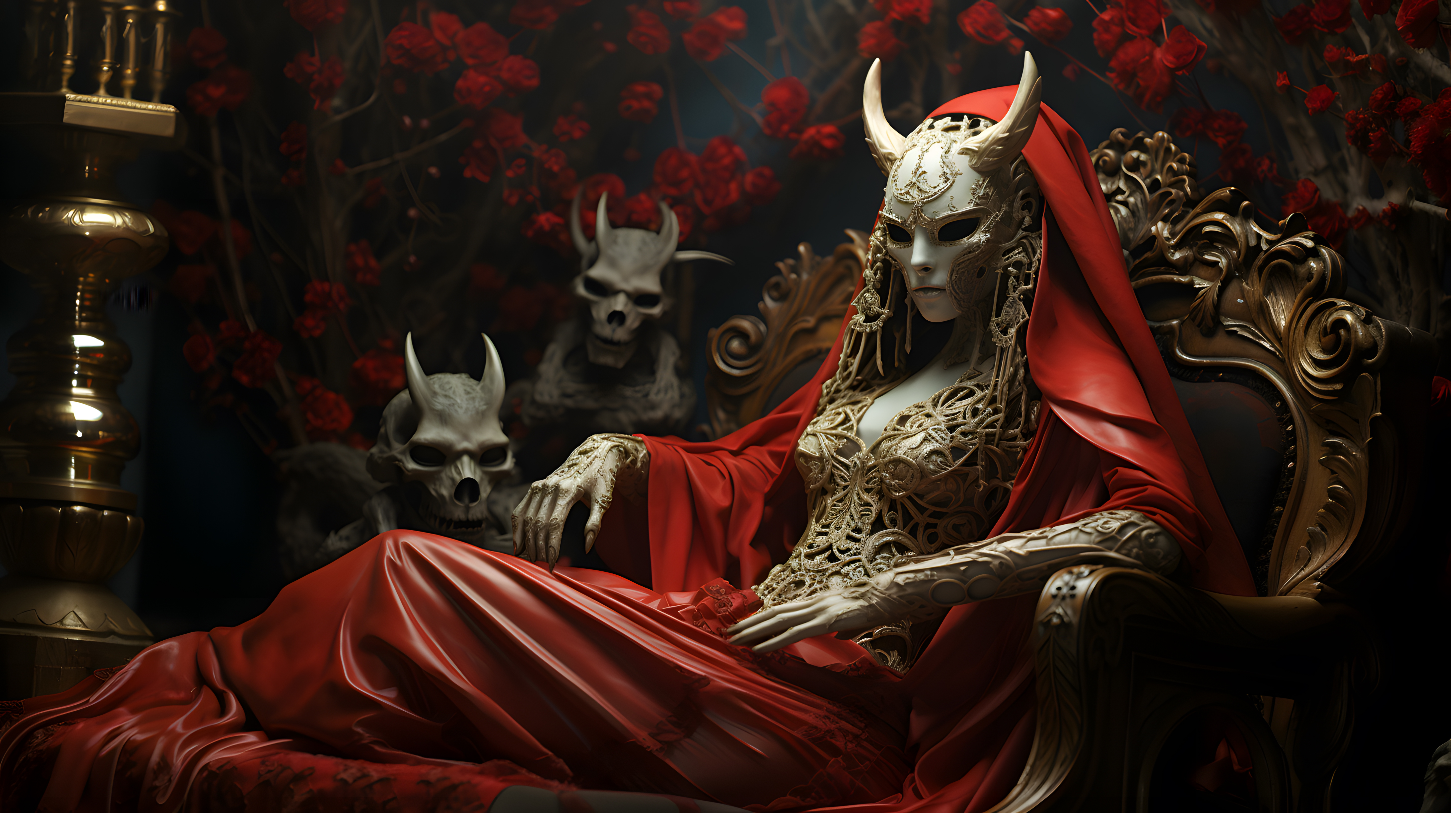 General 5824x3264 skull women throne horns AI art digital art sitting