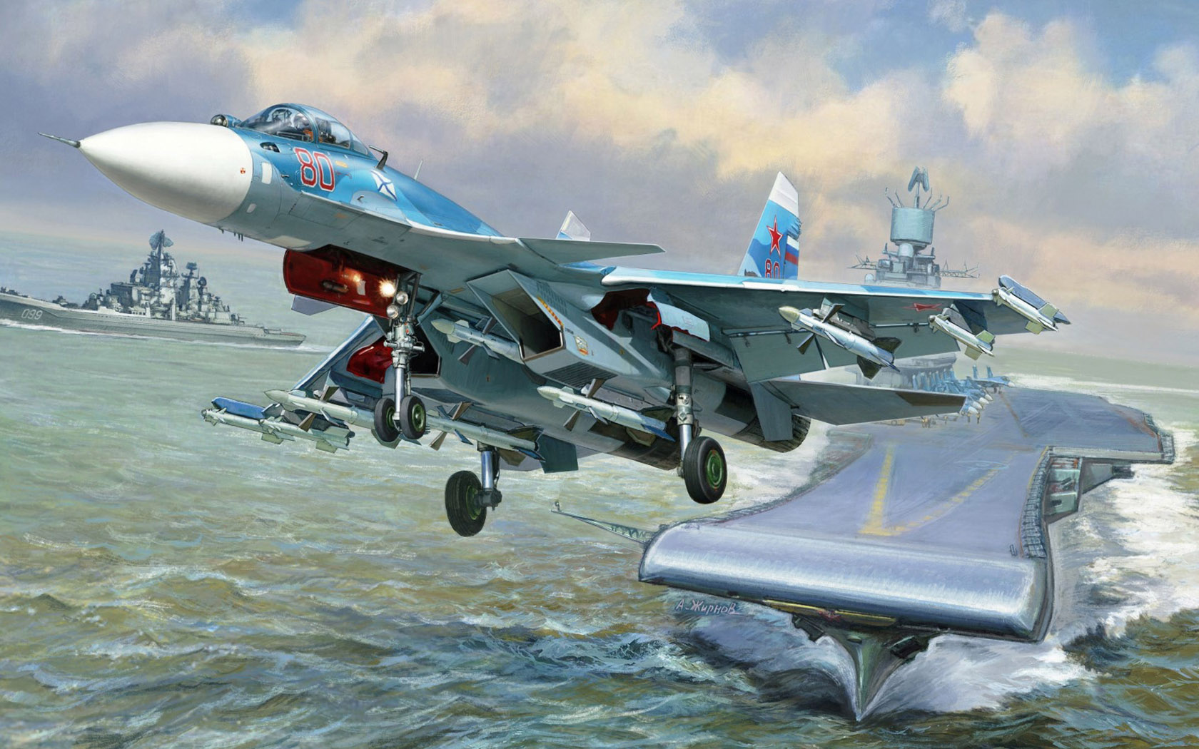 General 1680x1050 aircraft flying sea warship military military vehicle artwork missiles clouds water waves Russian Navy aircraft carrier take-off Andrei Zhirnov Boxart Sukhoi Su-30