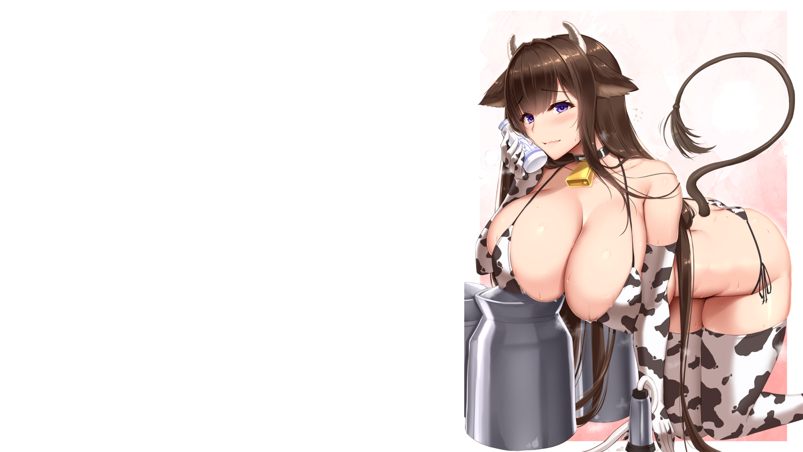 Anime 2560x1440 huge breasts blushing big boobs bursting breasts wide hips wide breasts string bikini cowkinis headband tail cowbell animal ears horns kneeling bent over sweaty body knee-high stockings cow print opera gloves thighs thunder thighs bewitching thighs thighs together choker white background thigh squish looking at viewer long hair Azur Lane nipple bulge cow girl Cow ears Cow tail minimalism simple background Kashino (Azur Lane)