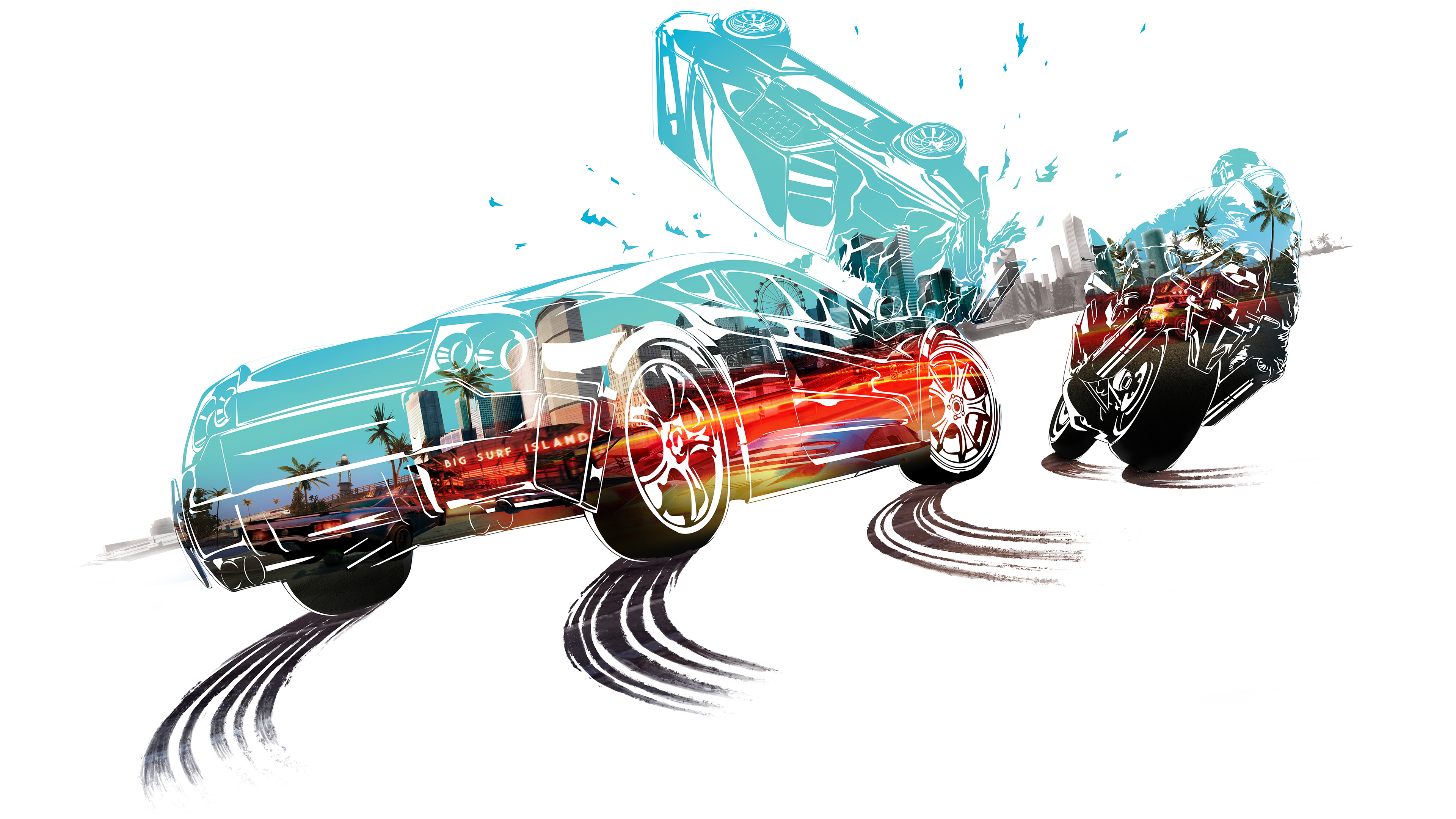 General 3840x2160 Burnout Paradise Electronic Arts simple background white background video game art tire tracks motorcycle EA Games video games cyan minimalism car rear view
