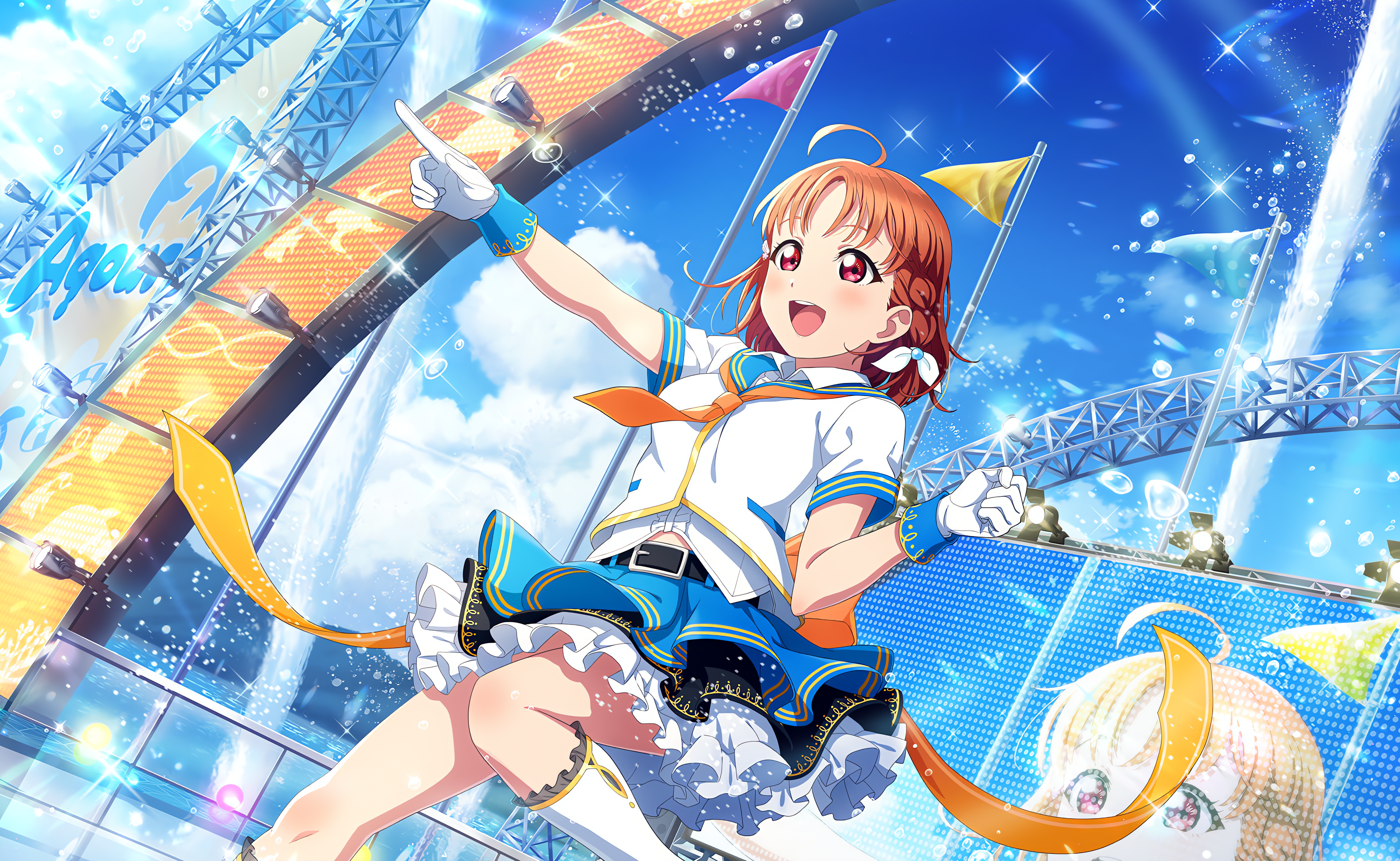 Anime 4096x2520 Takami Chika Love Live! Love Live! Sunshine anime anime girls gloves stars clouds sky flag finger pointing open mouth blushing tie looking away water drops uniform
