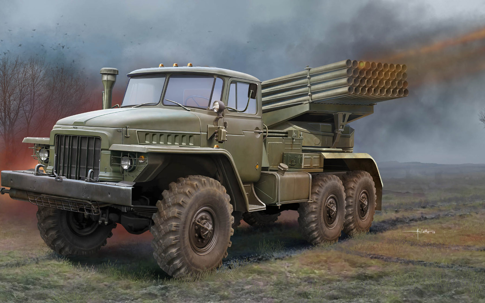 General 1680x1050 army military rocket military vehicle artwork signature clouds sky grass fire trees BM-21 Grad