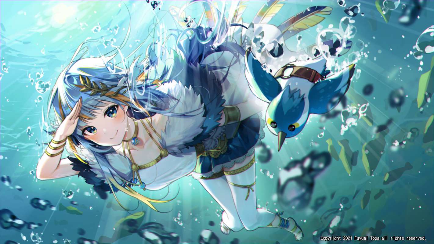 Anime 1422x800 anime anime girls smiling salute blue eyes two tone hair gradient hair bubbles fish animals stockings swimming looking at viewer sunlight blushing long hair