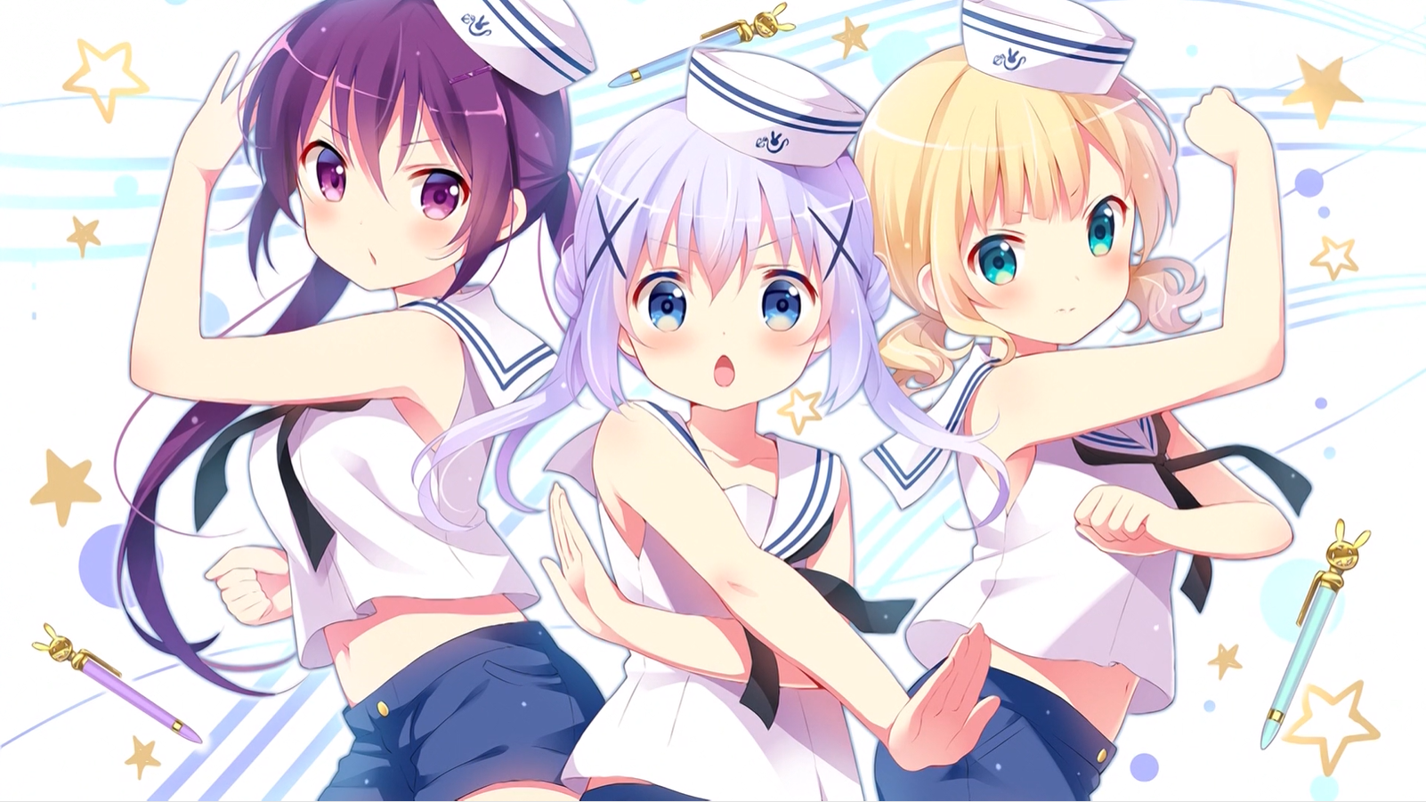 Anime 1602x901 anime anime girls Gochuumon wa Usagi Desu ka? sailor uniform hat looking at viewer blushing stars loli