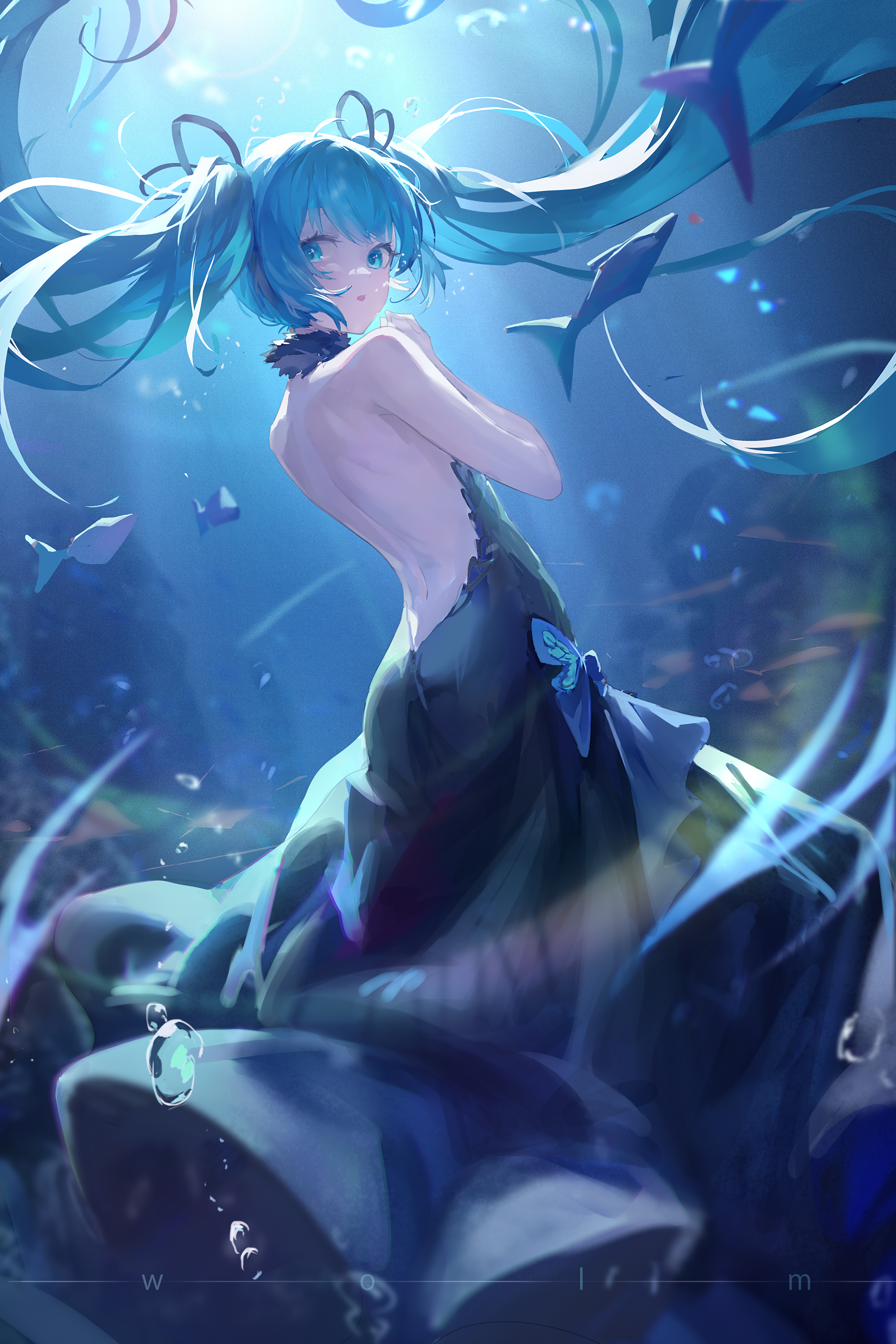 Anime 2000x3000 anime anime girls Hatsune Miku Vocaloid twintails bareback blue hair blue eyes long hair portrait display fish underwater bubbles water in water looking at viewer sunlight dress looking back animals