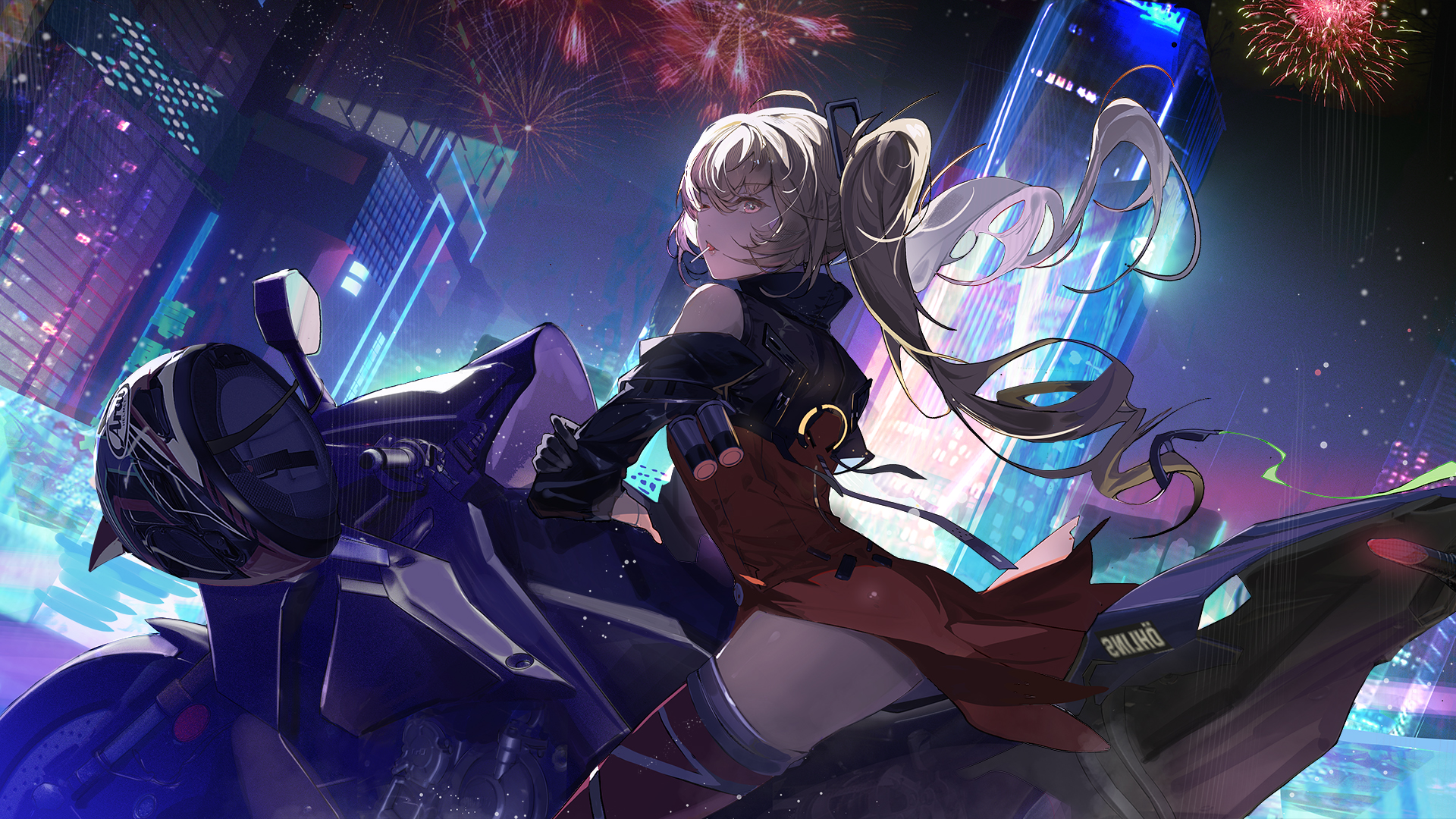 Anime 1920x1080 anime anime girls motorcycle vehicle building fireworks long hair twintails lollipop looking at viewer night skyscraper video game art video games