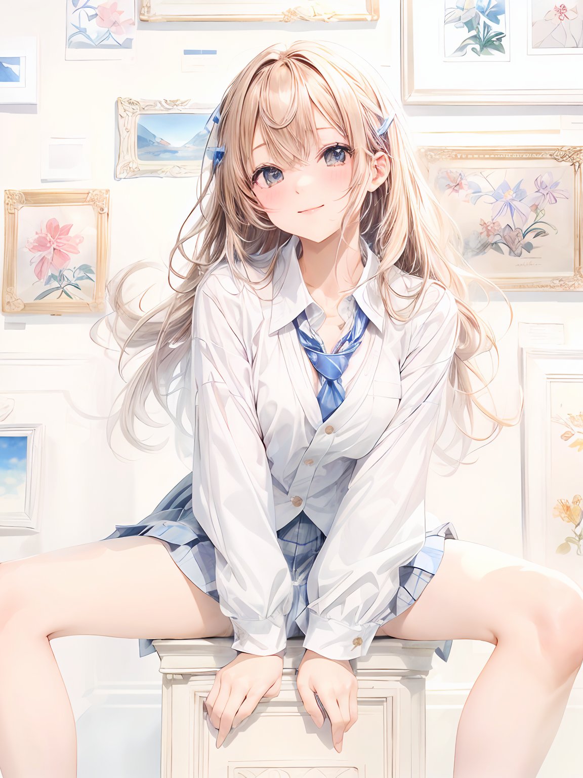 Anime 1152x1536 anime anime girls AI art portrait display schoolgirl school uniform looking at viewer smiling long hair sitting picture frames