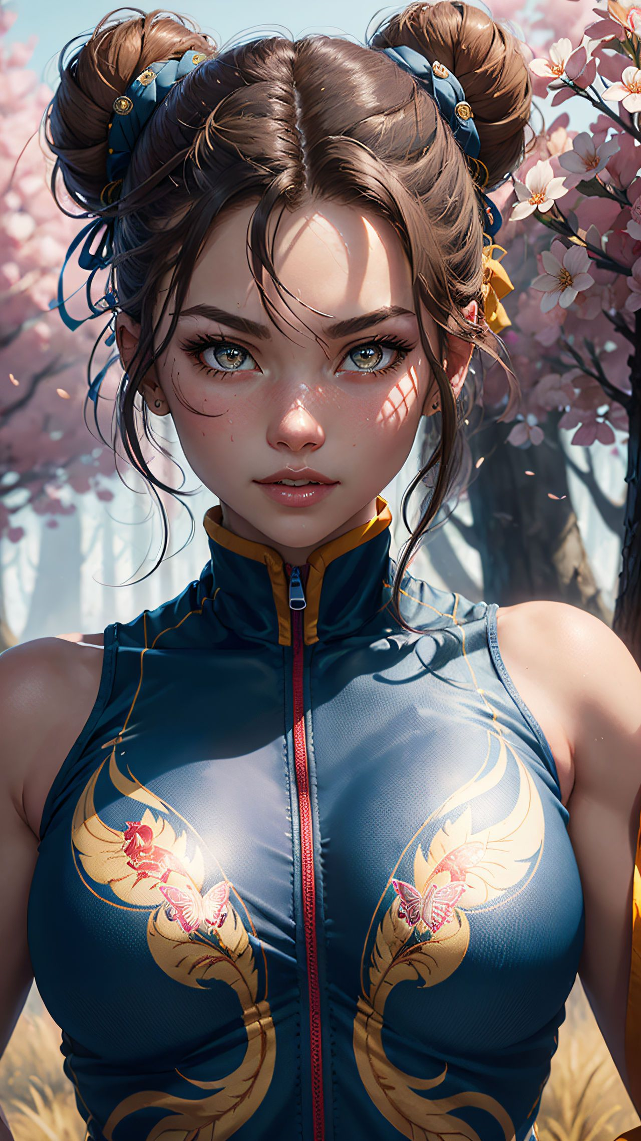 General 1280x2276 Street Fighter Chun-Li AI art portrait display looking at viewer hairbun cherry trees standing video game characters video game girls