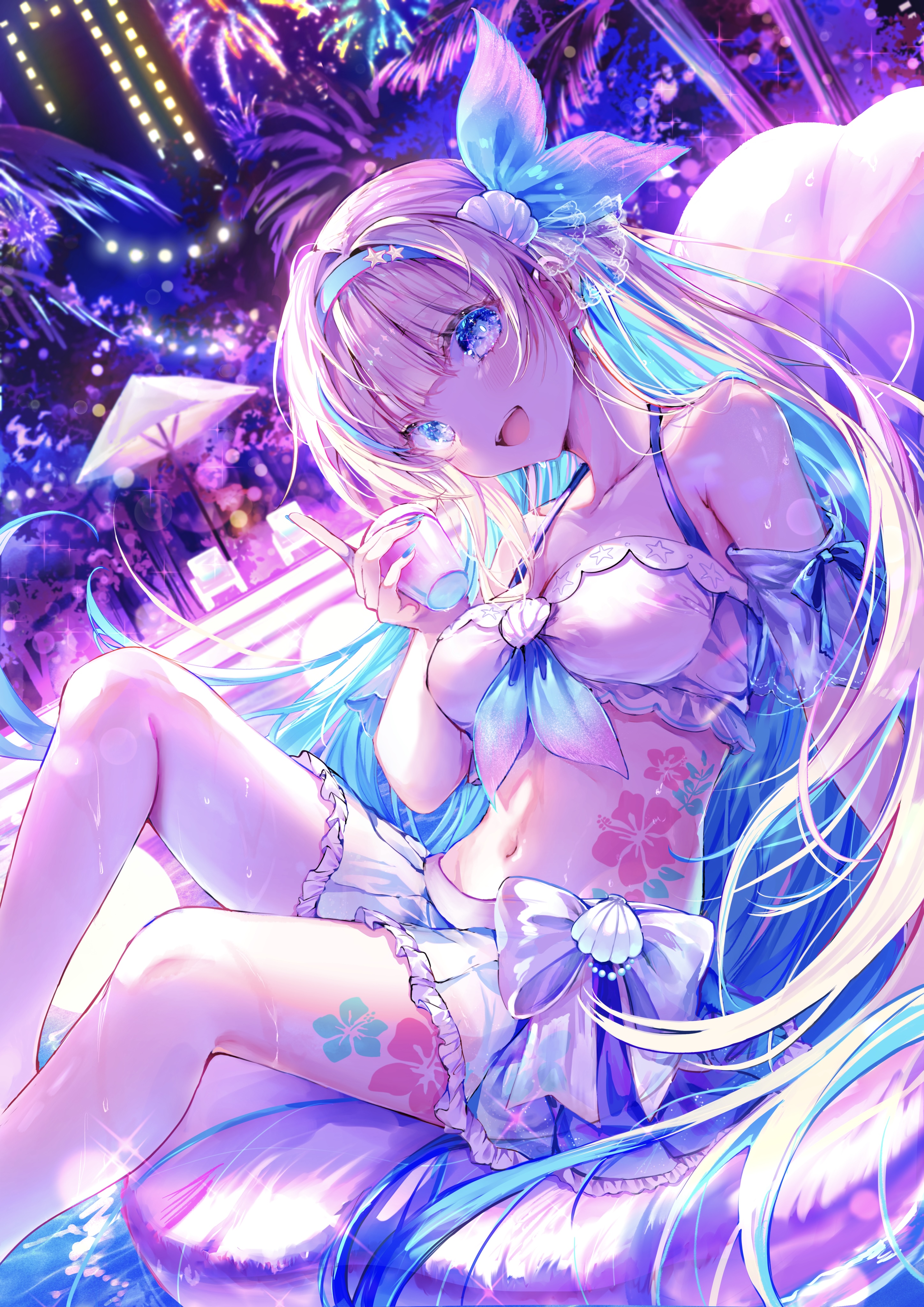 Anime 2895x4096 Noyu multi-colored hair anime girls portrait display swimming pool smiling city lights hair ornament swimwear white bikini bikini open mouth hibiscus tattoo night palm trees floater blue eyes colorful long hair big boobs cleavage hairband drink looking at viewer belly belly button wet body thighs detached sleeves blonde women outdoors trees water wet