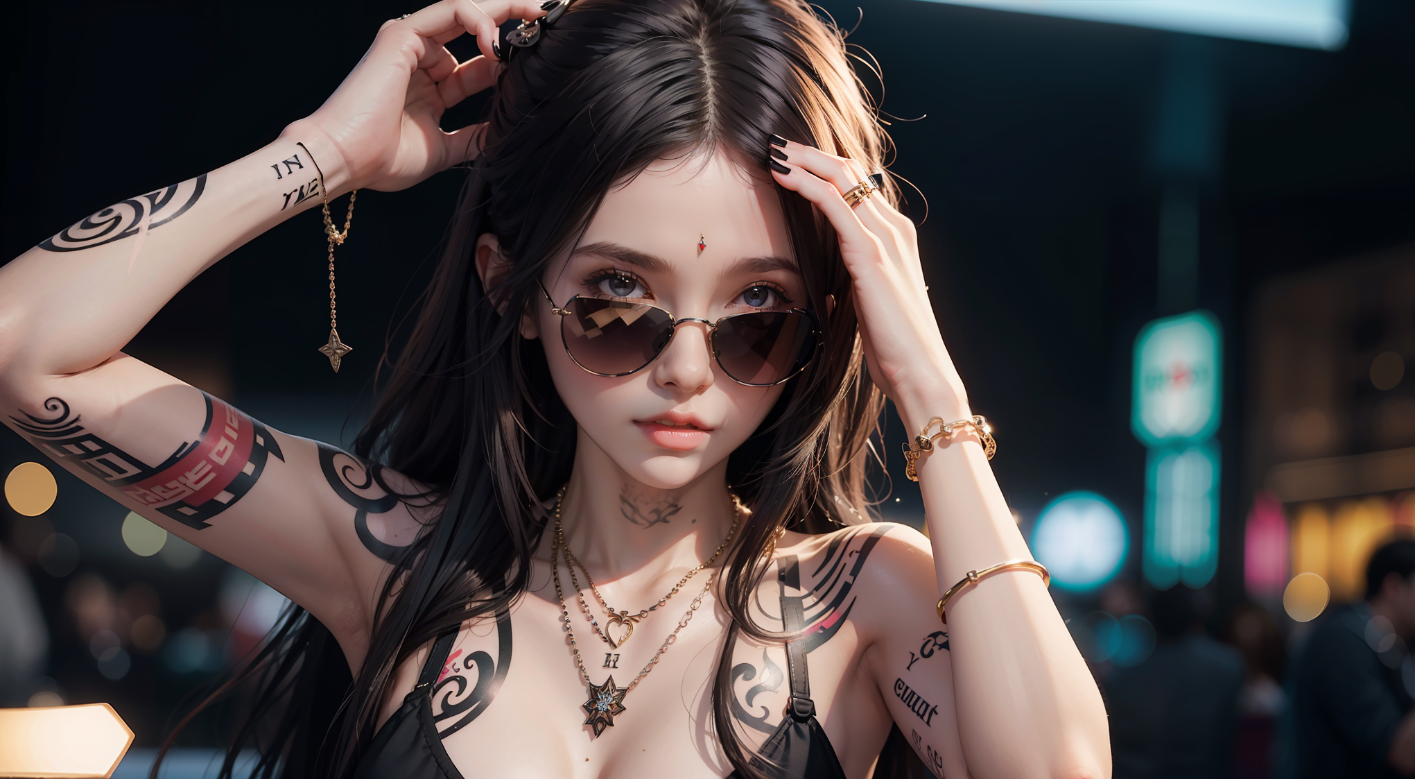 General 2041x1123 AI art black bras Asian women sunglasses long hair looking at viewer blurred blurry background bracelets rings