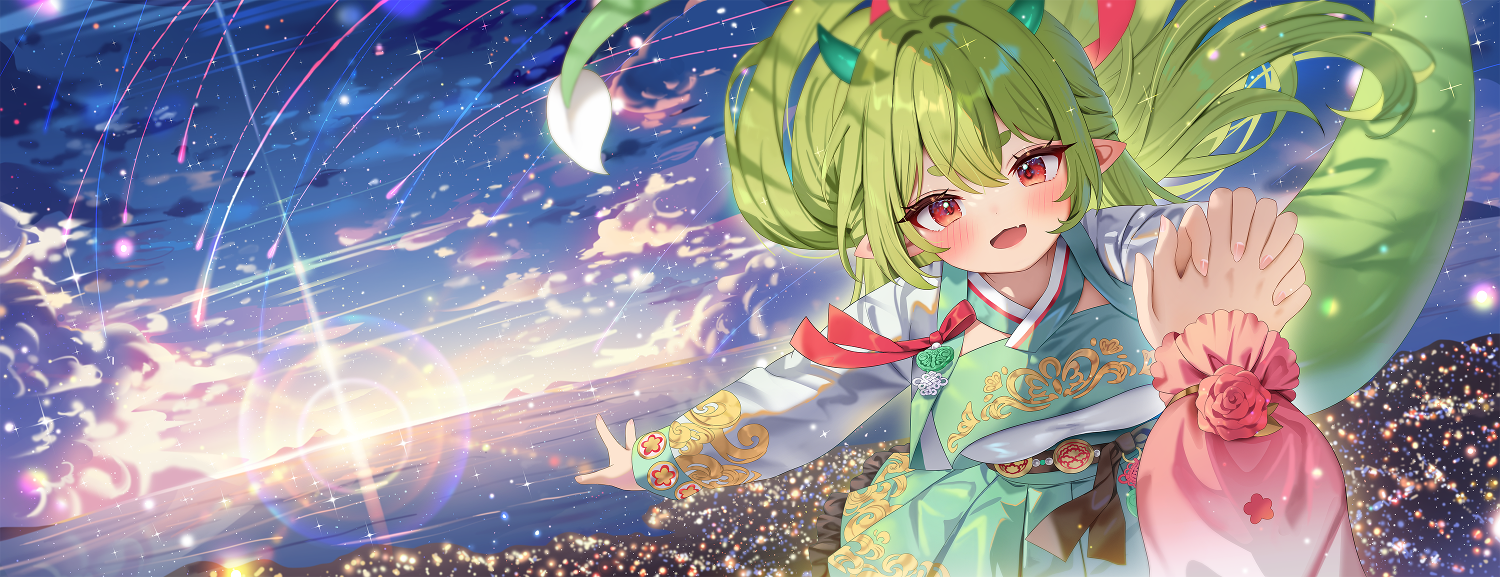 Anime 3000x1154 anime anime girls green hair red eyes devil horns tail chinese dress meteor streak horizon city lights