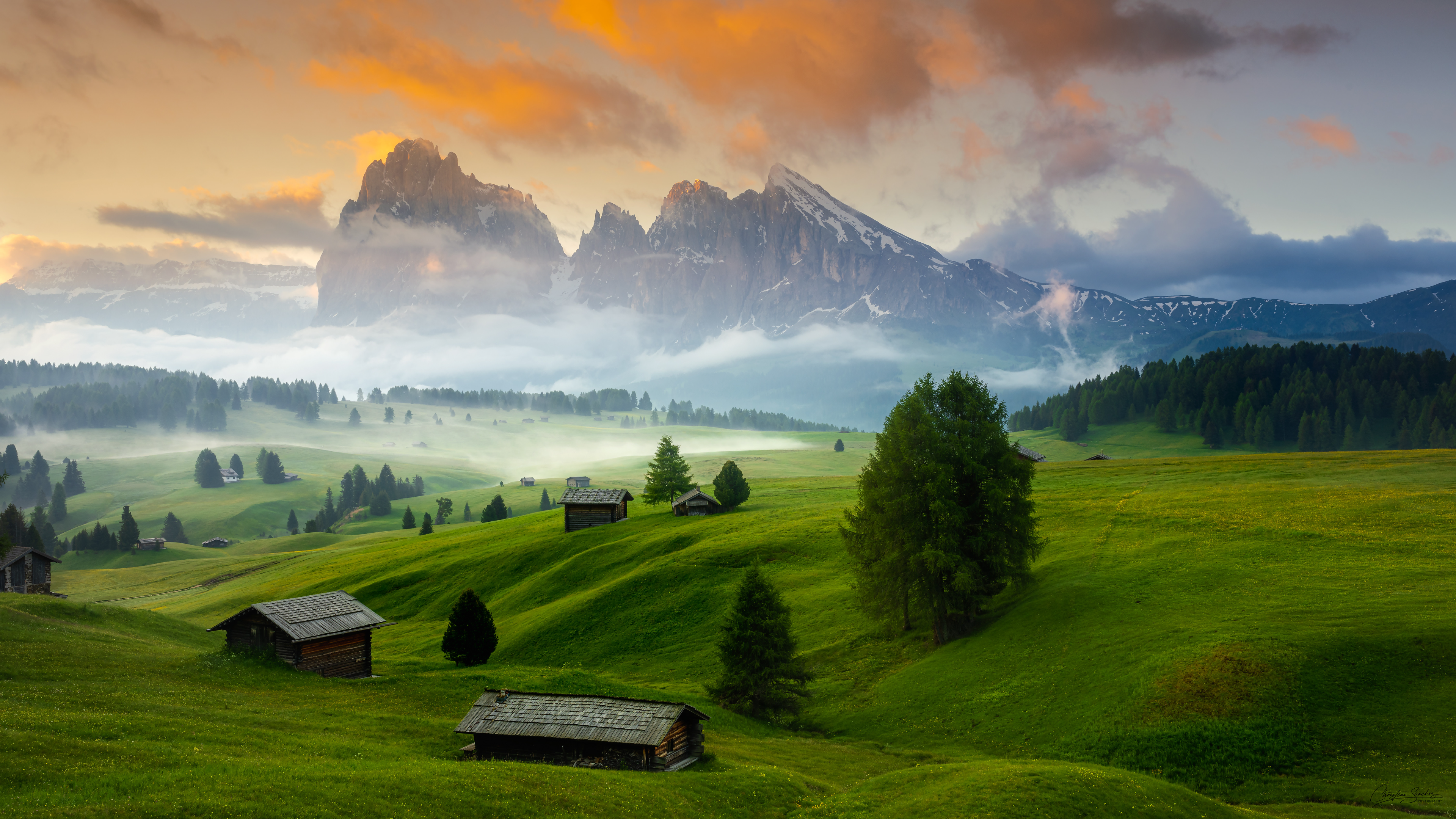 General 3840x2160 nature landscape trees grass field mountains clouds sky morning house cabin mist golden hour snowy peak Christian Sanchez Alpe di Siusi Dolomites