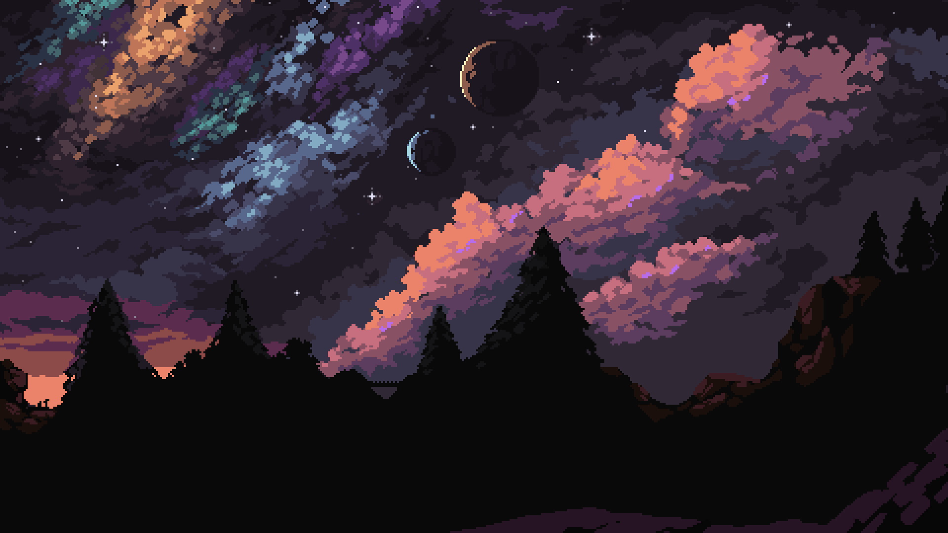 General 1920x1080 digital art nature sky clouds night pixel art pixelated pixels planet stars trees silhouette rocks fantasy art pine trees forest