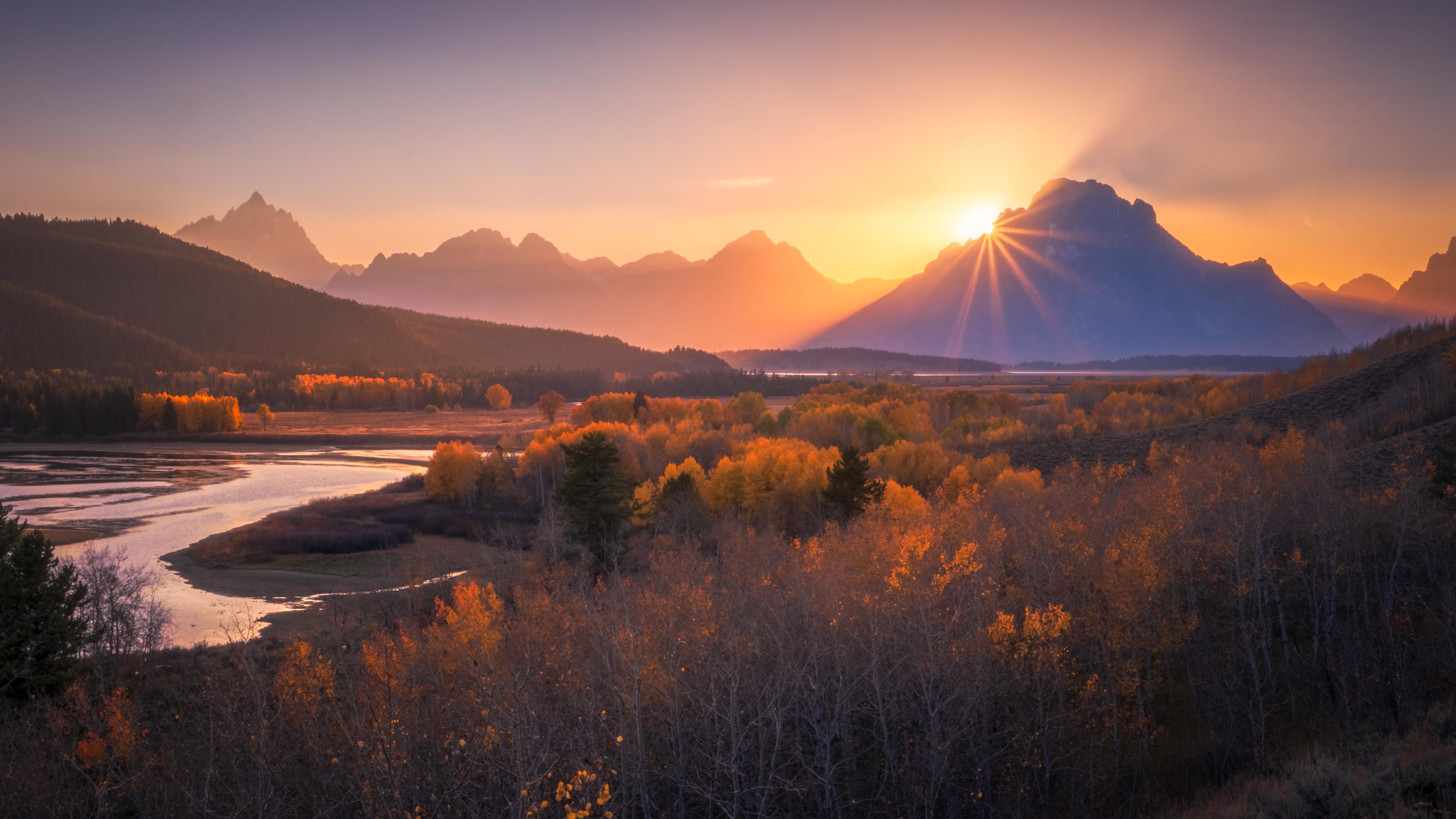 General 5038x2834 sunset mountains forest landscape nature fall river sun rays Wyoming USA North America Grand Teton National Park