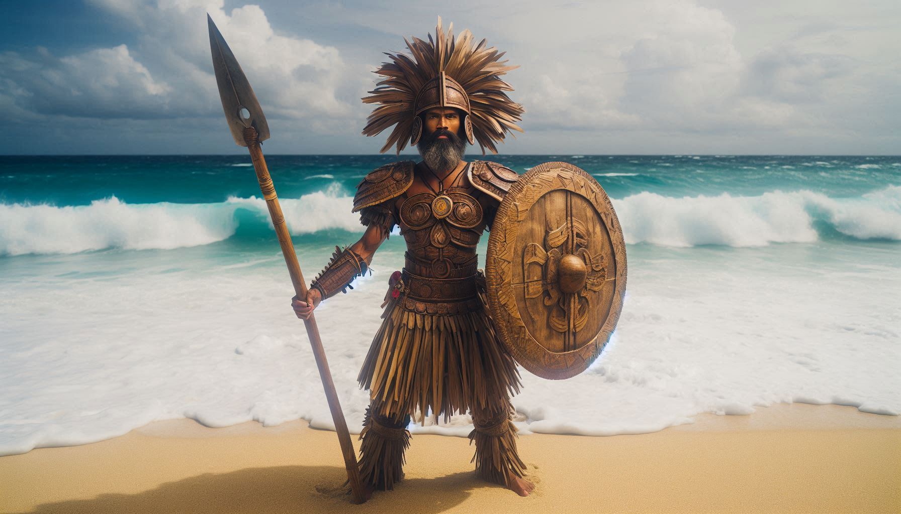 General 1792x1024 AI art lapu-lapu Cebu Mactan Island sea ocean battle Bisaya Visayan Cebuano Native Filipino Indigenous shield wooden shields spear armor tribal  Philippine Tribes seashore