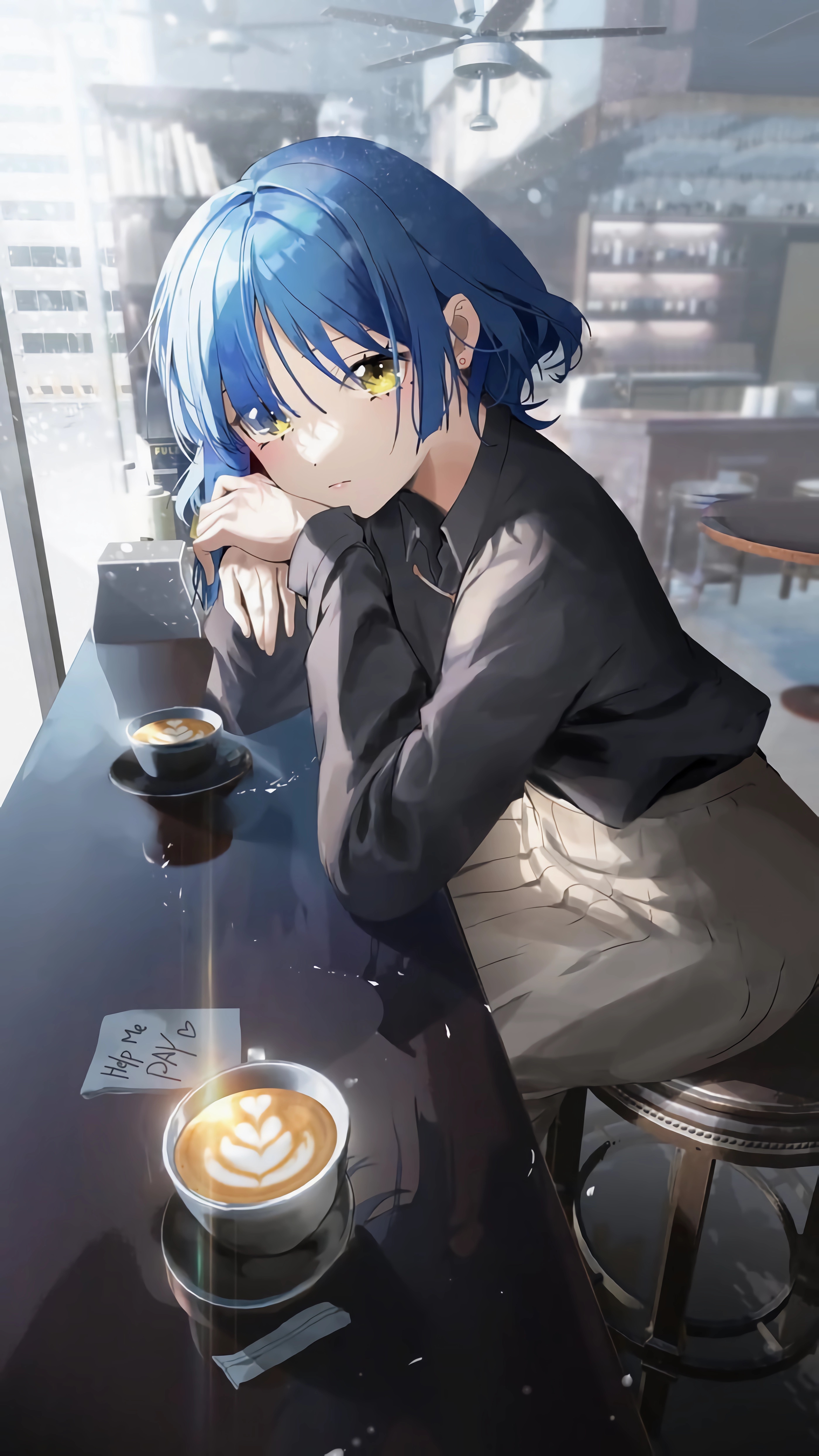 Anime 2800x4976 anime anime girls BOCCHI THE ROCK! Ryo Yamada short hair blue eyes yellow eyes looking at viewer coffee sitting drink chair latte