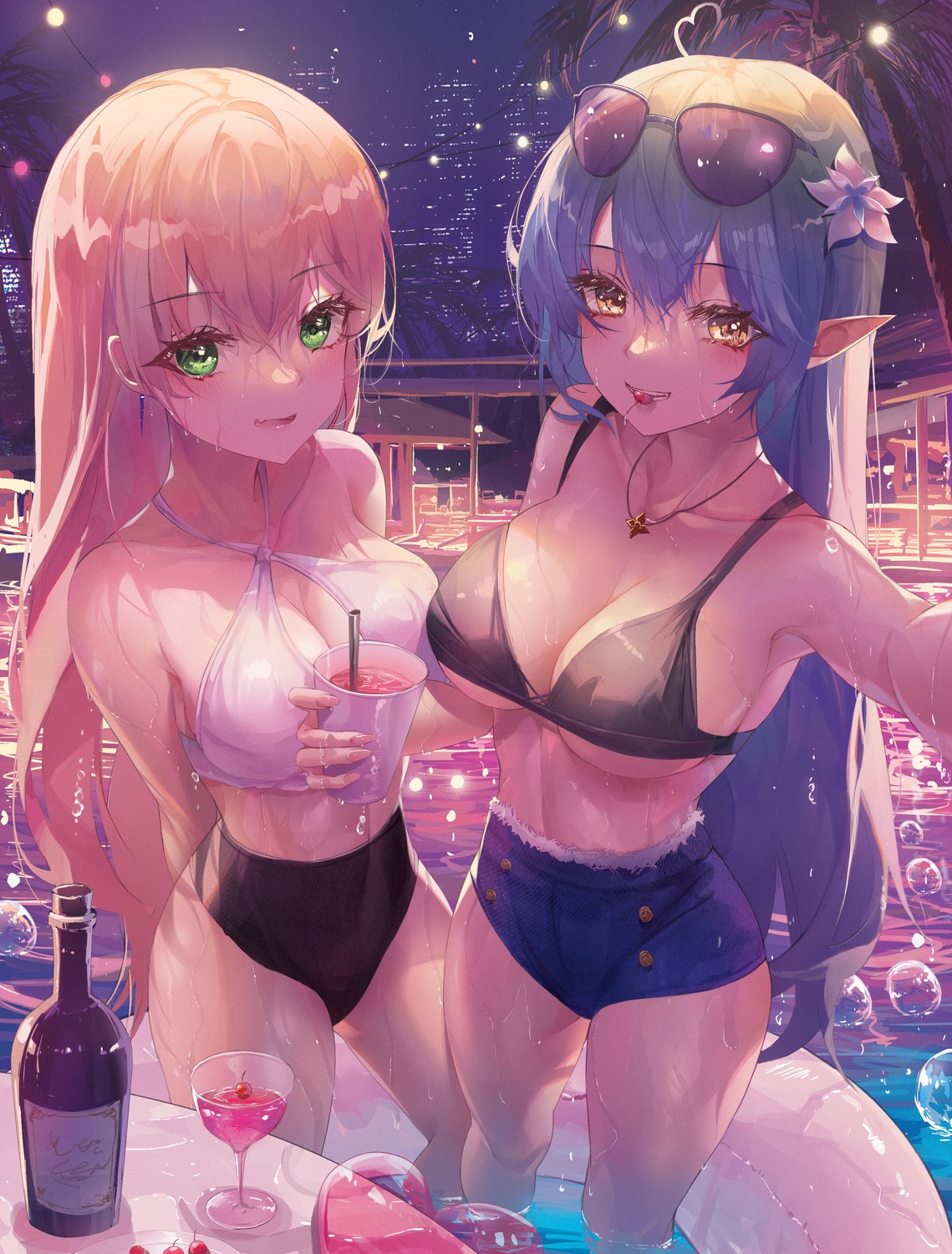 Anime 1139x1500 Momosuzu Nene women Yukihana Lamy water two women Hololive Virtual Youtuber wet anime girls big boobs portrait display night swimming pool selfies T_blence long hair swimwear bikini short shorts blonde blue hair sunglasses glasses green eyes blushing yellow eyes cleavage drink alcohol cup pointy ears flower in hair flowers palm trees bubbles city lights ahoge cherries wine wine glass floater standing in water smiling looking at viewer jean shorts heart fruit women outdoors thighs necklace outdoors bottles hair ornament city cityscape night sky lights cocktails wet body armpits