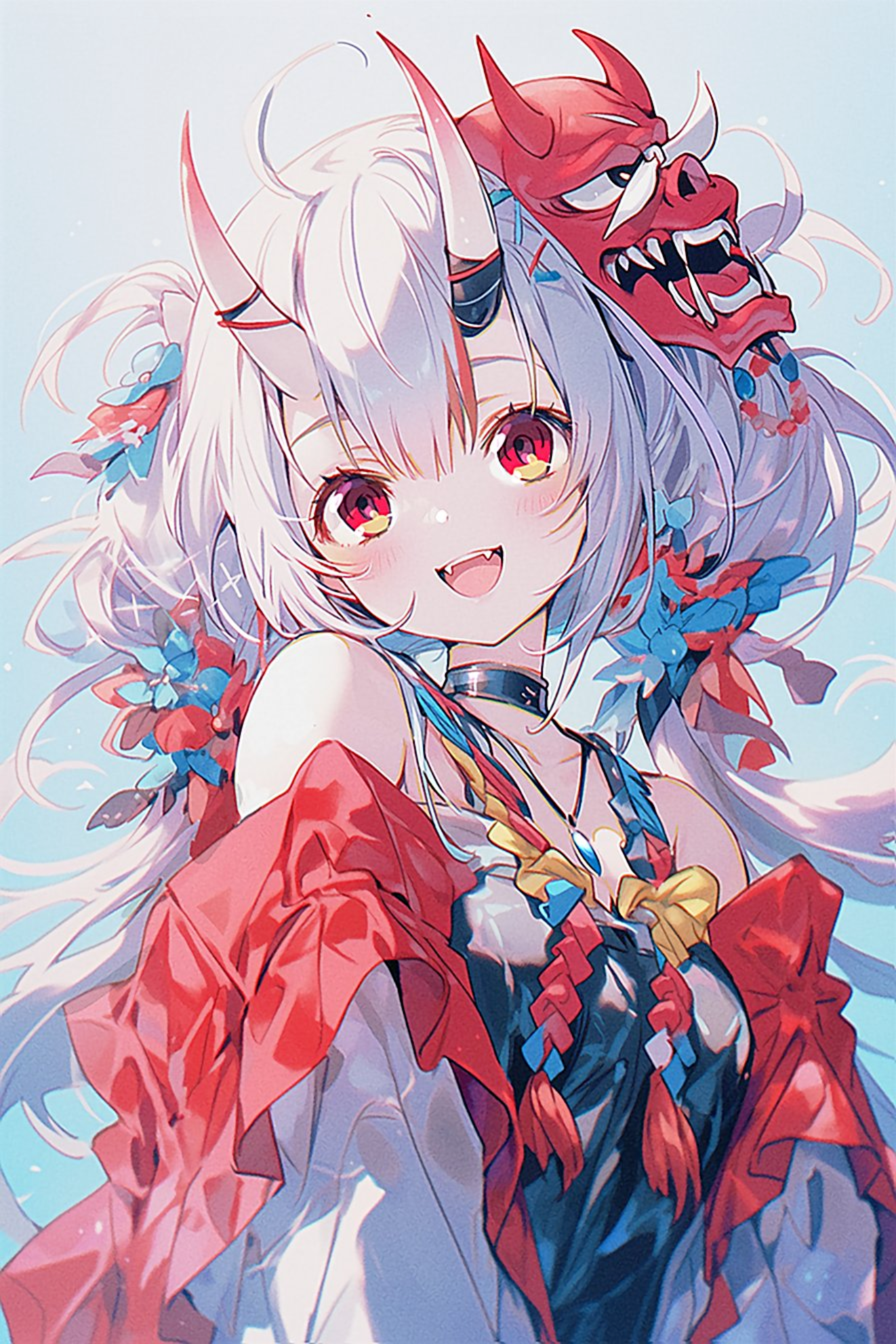 Anime 1366x2048 anime anime girls portrait display horns face mask mask open mouth long hair looking at viewer necklace red eyes two tone hair Nakiri Ayame