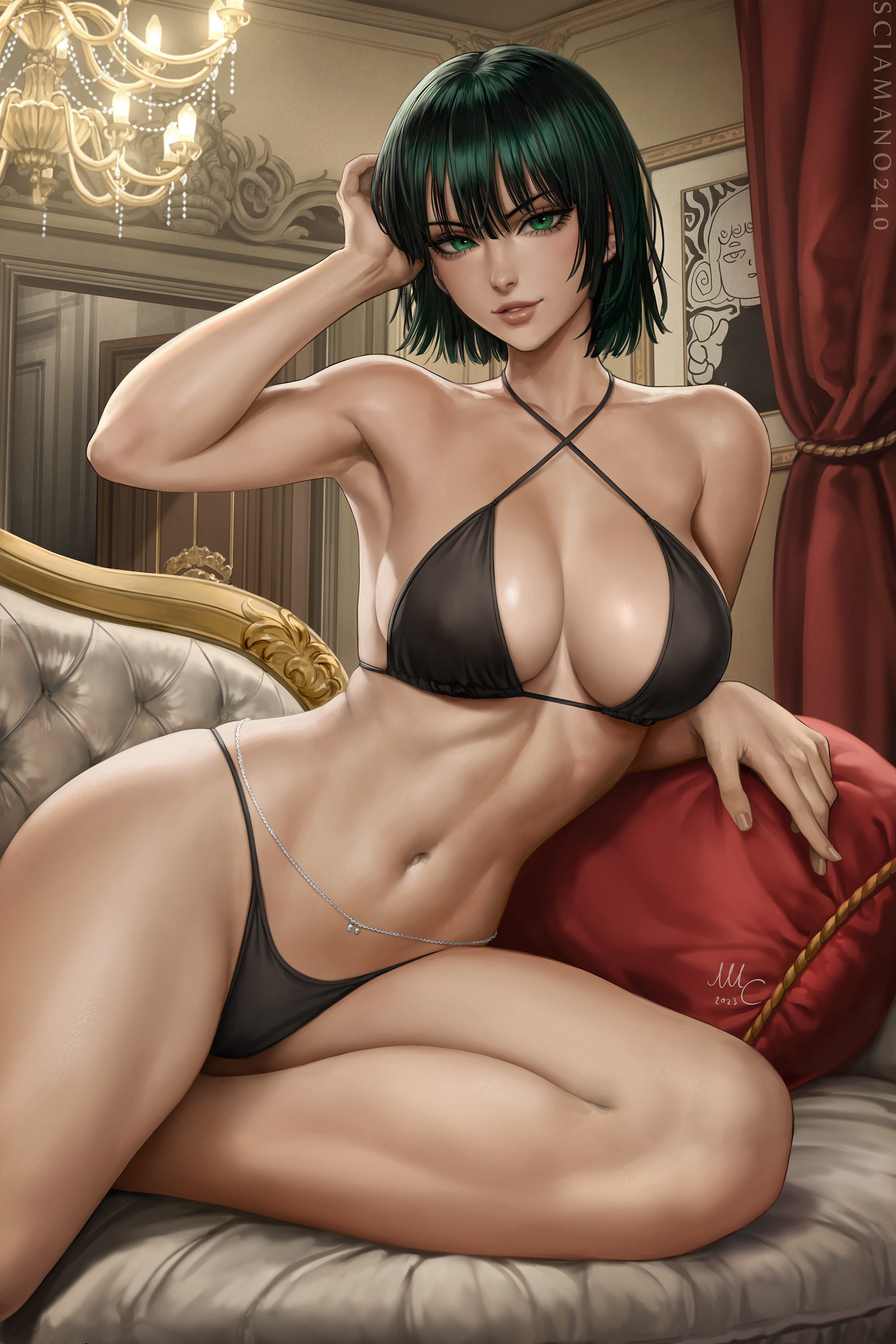Anime 2000x3000 illustration artwork digital art fan art drawing anime anime girls Mirco Cabbia bikini belly belly button looking at viewer cleavage One-Punch Man Fubuki short hair green hair green eyes black clothing pillow couch chandeliers boobs portrait display armpits
