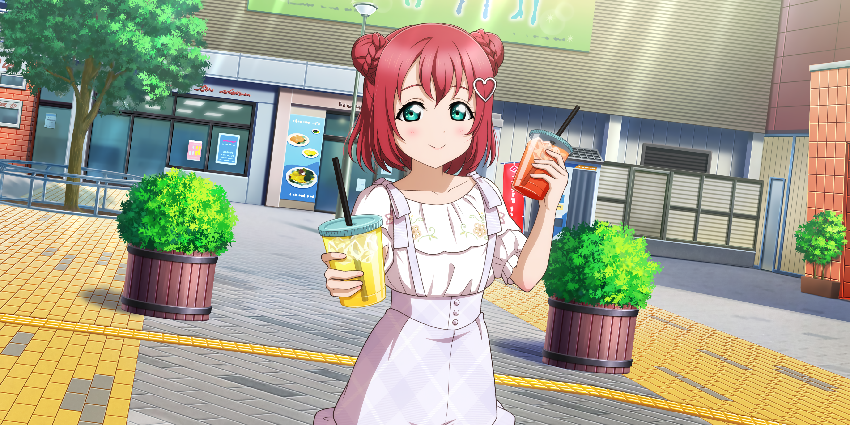 Anime 3600x1800 Kurosawa Ruby Love Live! Love Live! Sunshine anime anime girls smiling drink looking at viewer redhead short hair braids sunlight dress