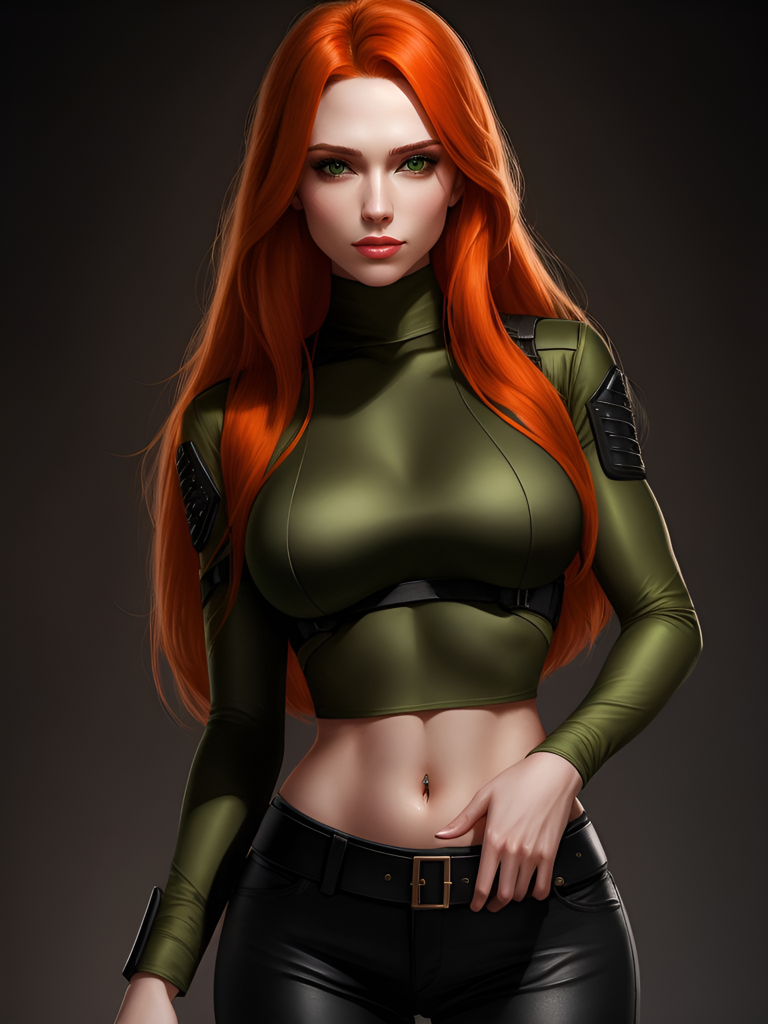 General 1536x2048 AI art Kim Possible redhead green eyes portrait display long hair looking at viewer belly belly button women