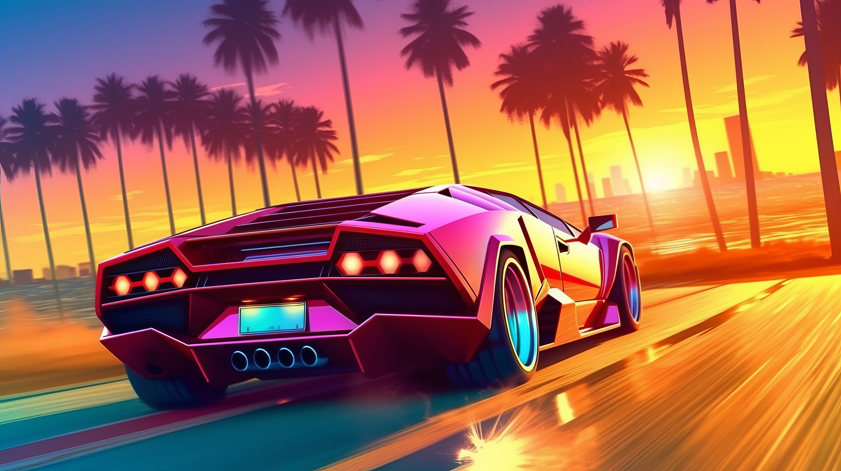General 2912x1632 AI art illustration Lamborghini sunset palm trees driving synthwave retrowave car sunset glow rear view taillights