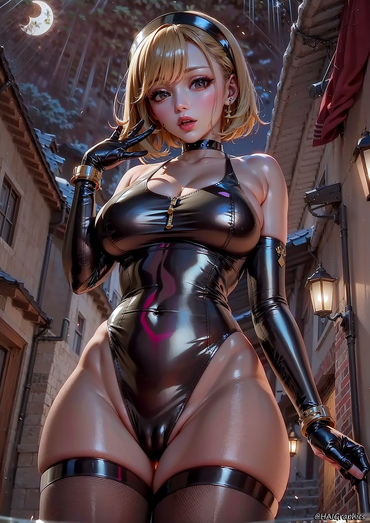 General 1280x1808 AI art women short hair blonde low-angle latex leotard black stockings stockings big boobs elbow gloves gloves Moon looking at viewer thighs choker street cameltoe portrait display night street light open mouth HAIGraphics