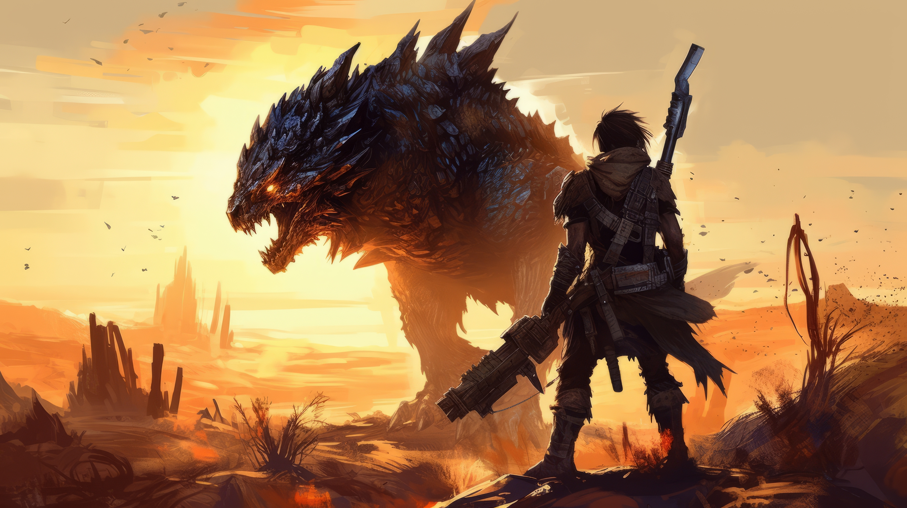 General 2912x1632 AI art illustration dragon hunter creature sunlight sunrise weapon