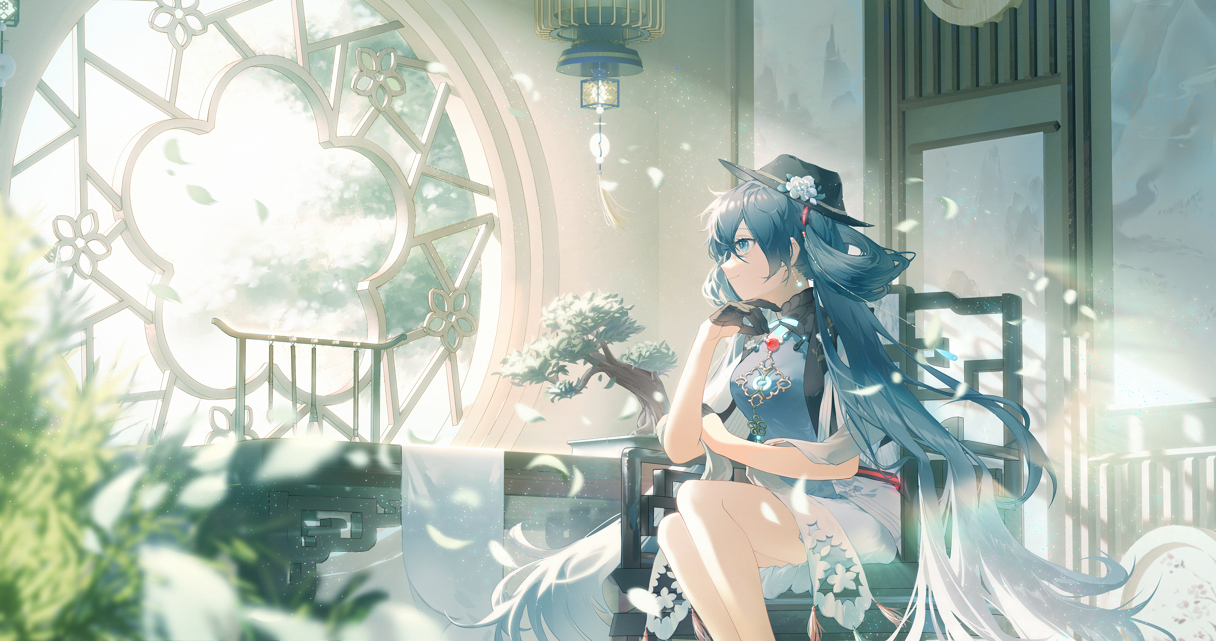 Anime 4096x2160 chinese clothing anime Hatsune Miku anime girls blue hair blue eyes looking away hat gloves window sunlight twintails leaves smiling