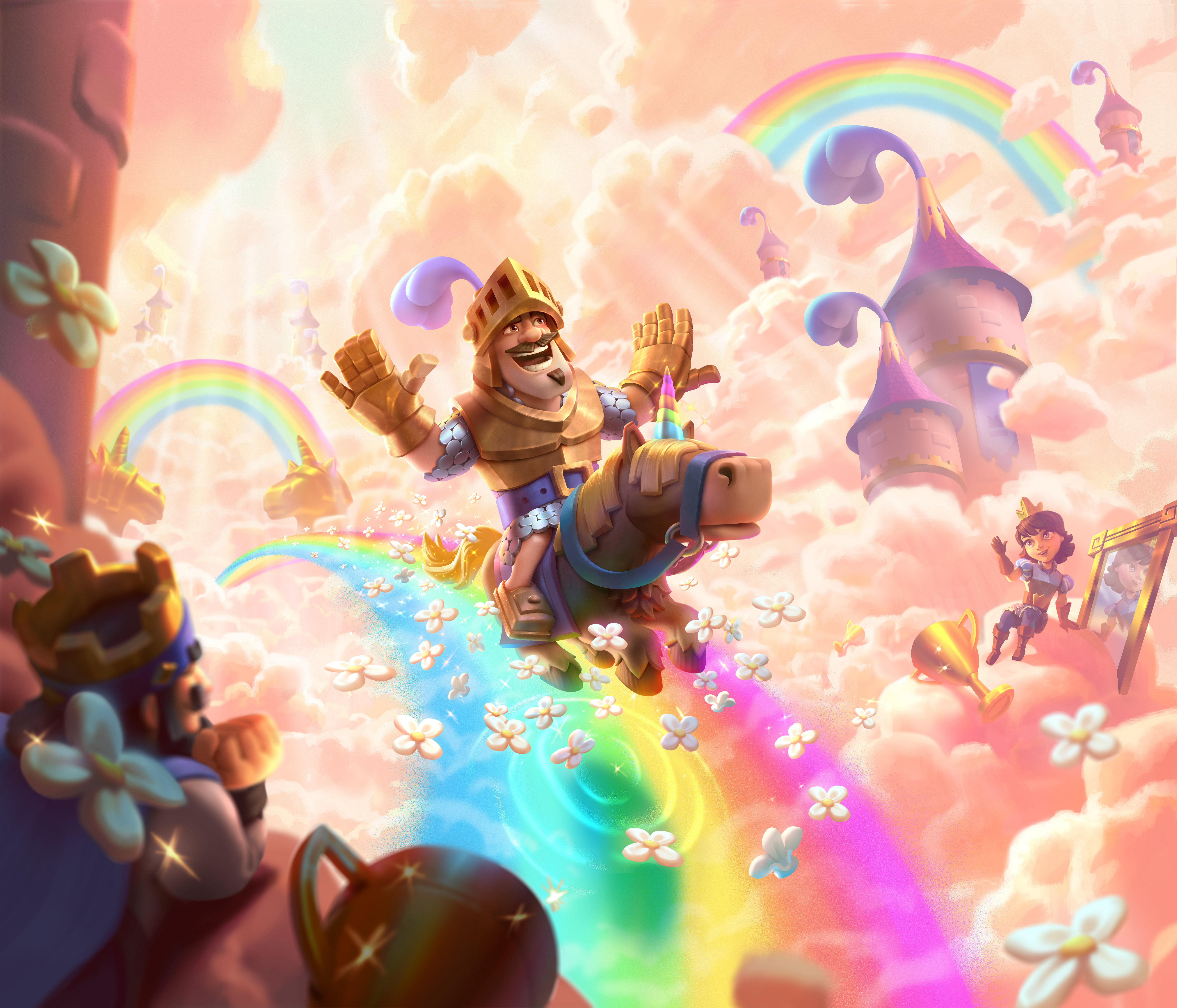 General 6400x5481 Clash Royale video game art rainbows clouds sun rays unicorn horseman knight tower video game characters video games armor flowers