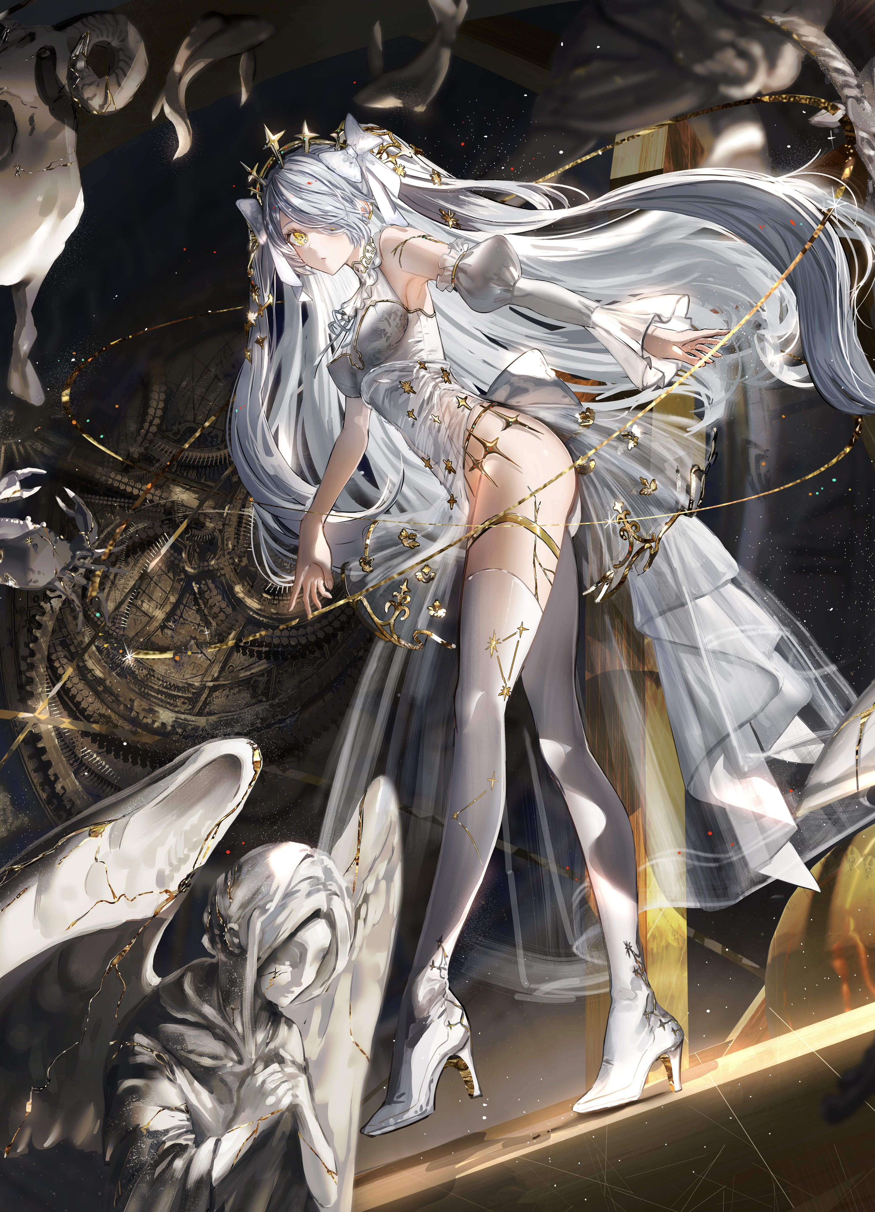Anime 2956x4096 Gawako anime girls portrait display long hair white hair yellow eyes looking at viewer statue hair over one eye thighs stockings white dress white heels jewelry tiaras detached sleeves armpits twintails dress see-through dress ass hair ornament clockwork gears