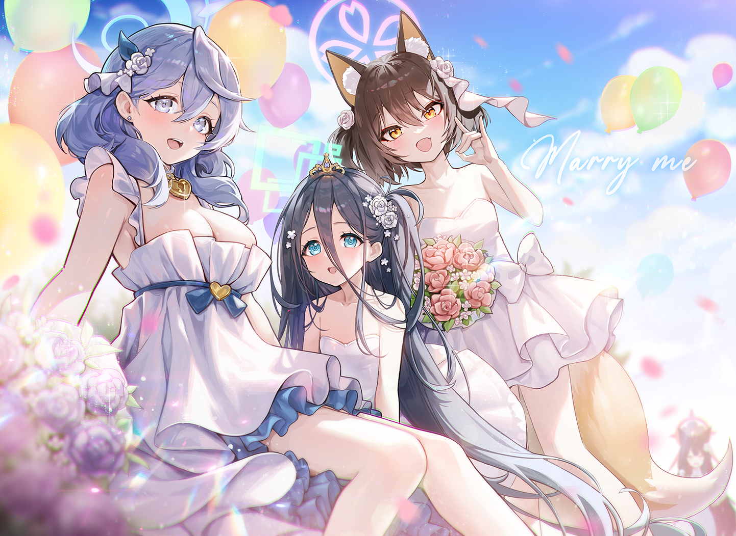 Anime 1442x1052 anime anime girls group of women dress white dress flowers balloon cleavage looking at viewer sky Blue Archive petals flower in hair fox girl fox ears fox tail long hair clouds Tendou Alice kuda izuna (Blue Archive) Amau Ako (Blue Archive)