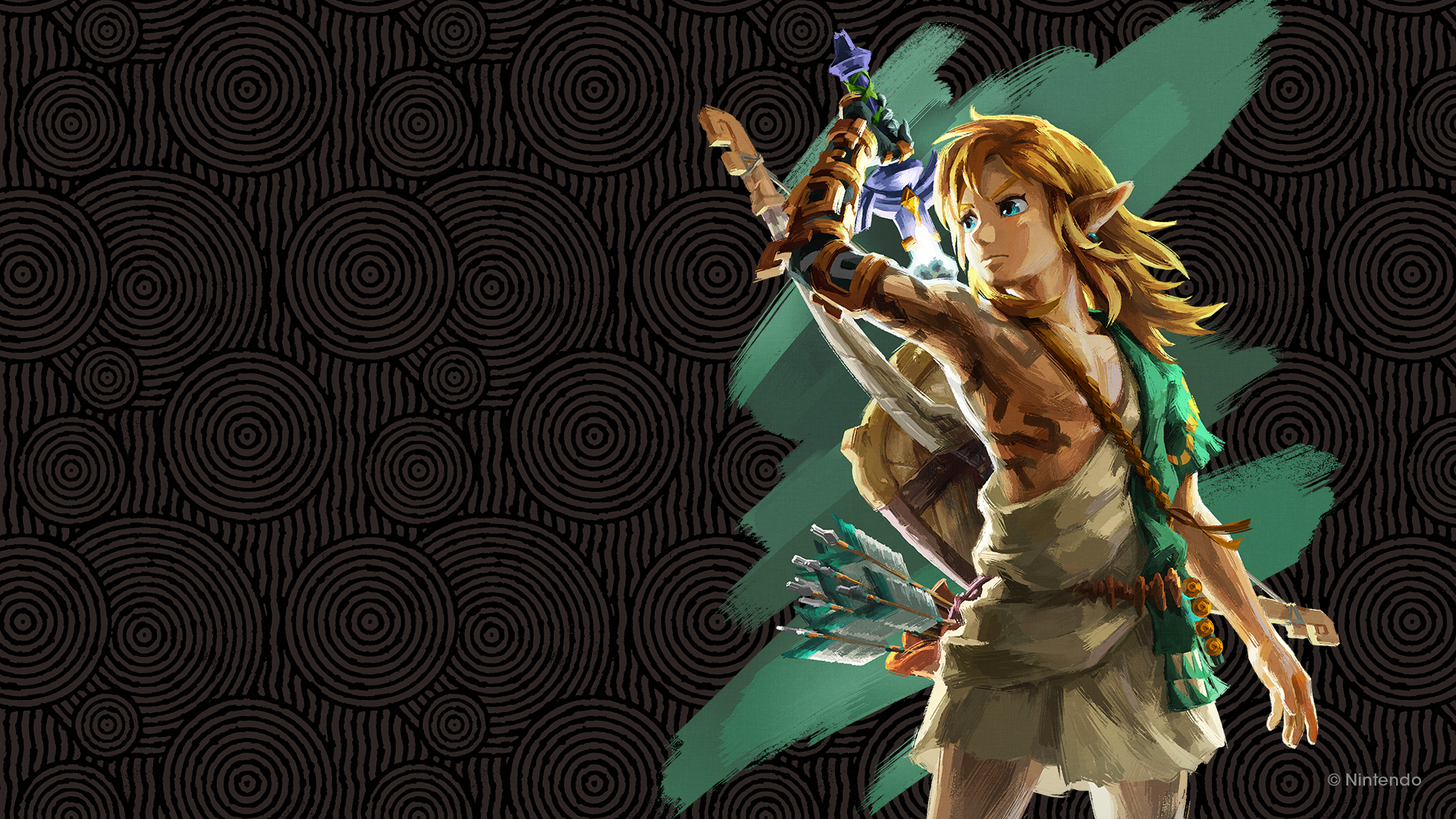 General 1920x1080 The Legend of Zelda The Legend of Zelda: Tears of the Kingdom sword simple background minimalism long hair pointy ears looking away Link video games video game characters Master Sword Nintendo watermarked blonde closed mouth arrows shield bow and arrow bow earring armpits