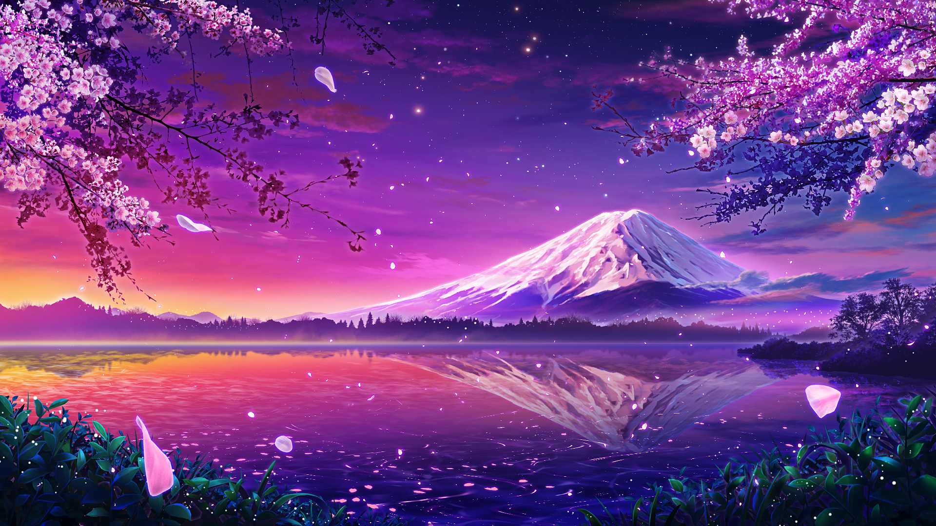 Anime 1920x1080 anime Pixiv cherry blossom petals reflection water sunset mountains snow nature sunset glow sky