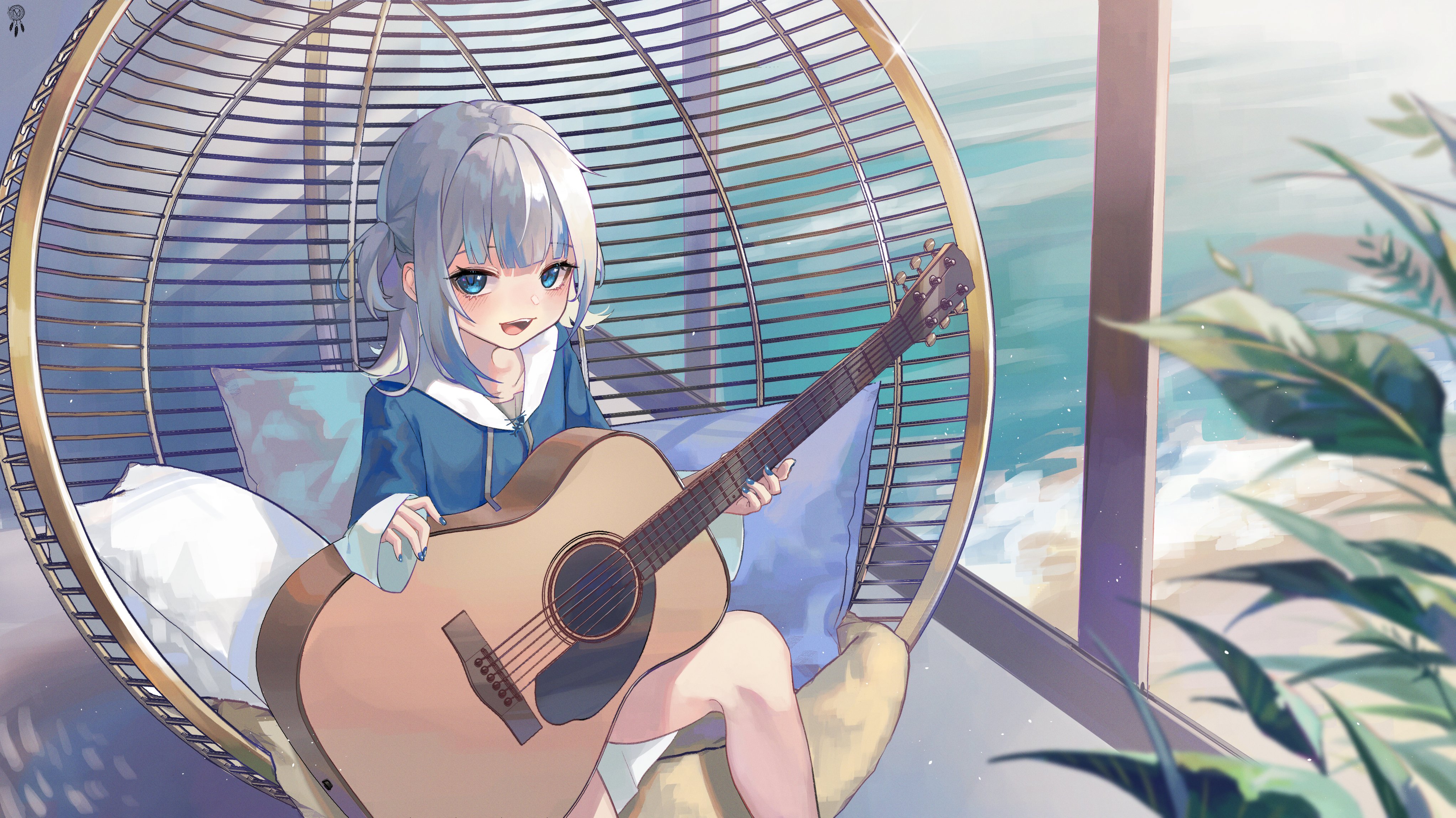 Anime 4087x2296 anime girls Virtual Youtuber Gawr Gura guitar musical instrument leaves looking at viewer sitting pillow Hololive sunlight smiling loli